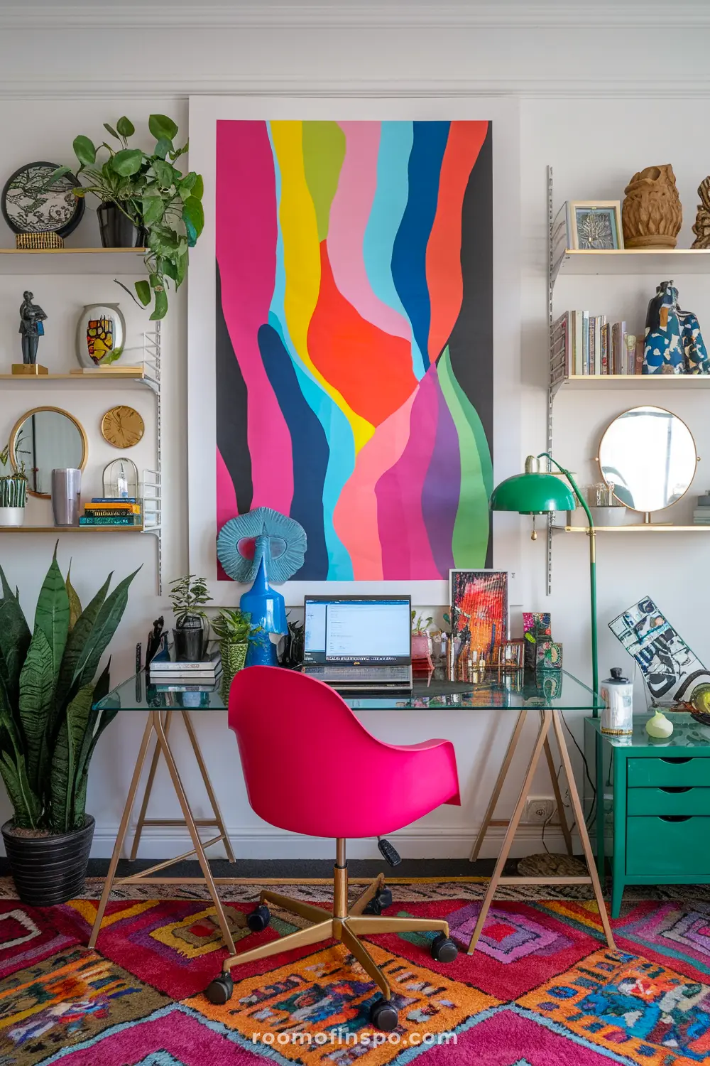 A maximalist home office with statement abstract artwork and laptop.