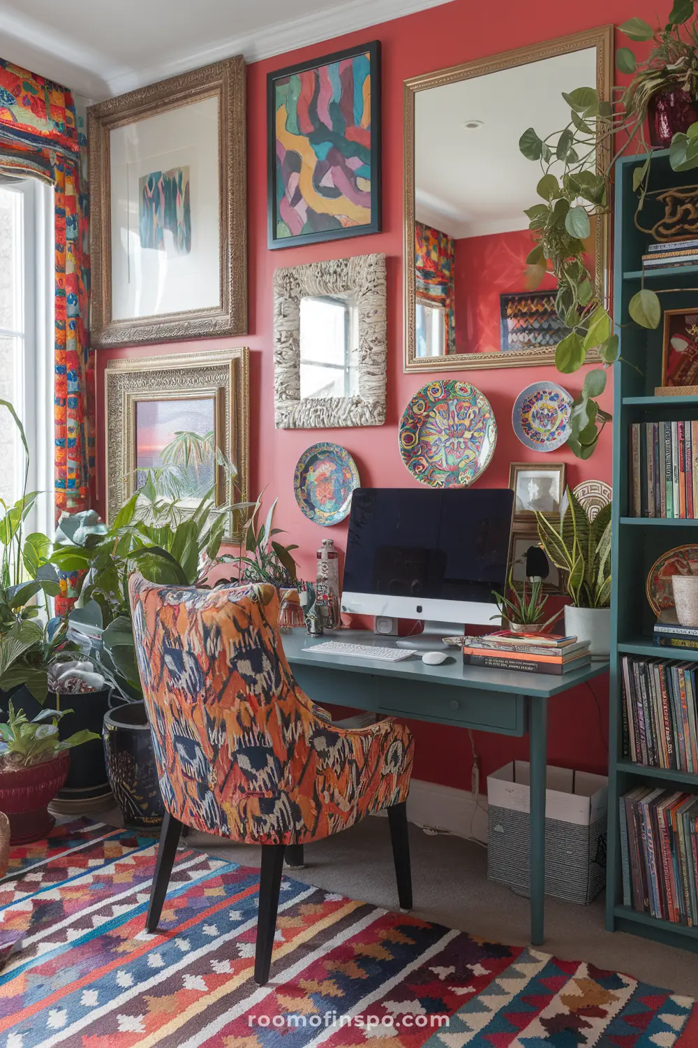 A maximalist home office with a layered wall collage and monitor.