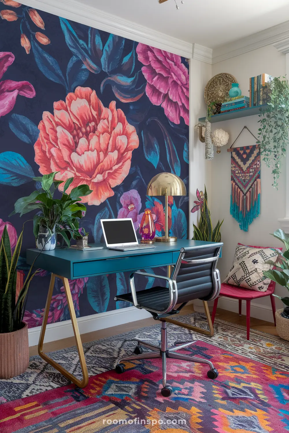 A maximalist home office with floral wallpaper and laptop.