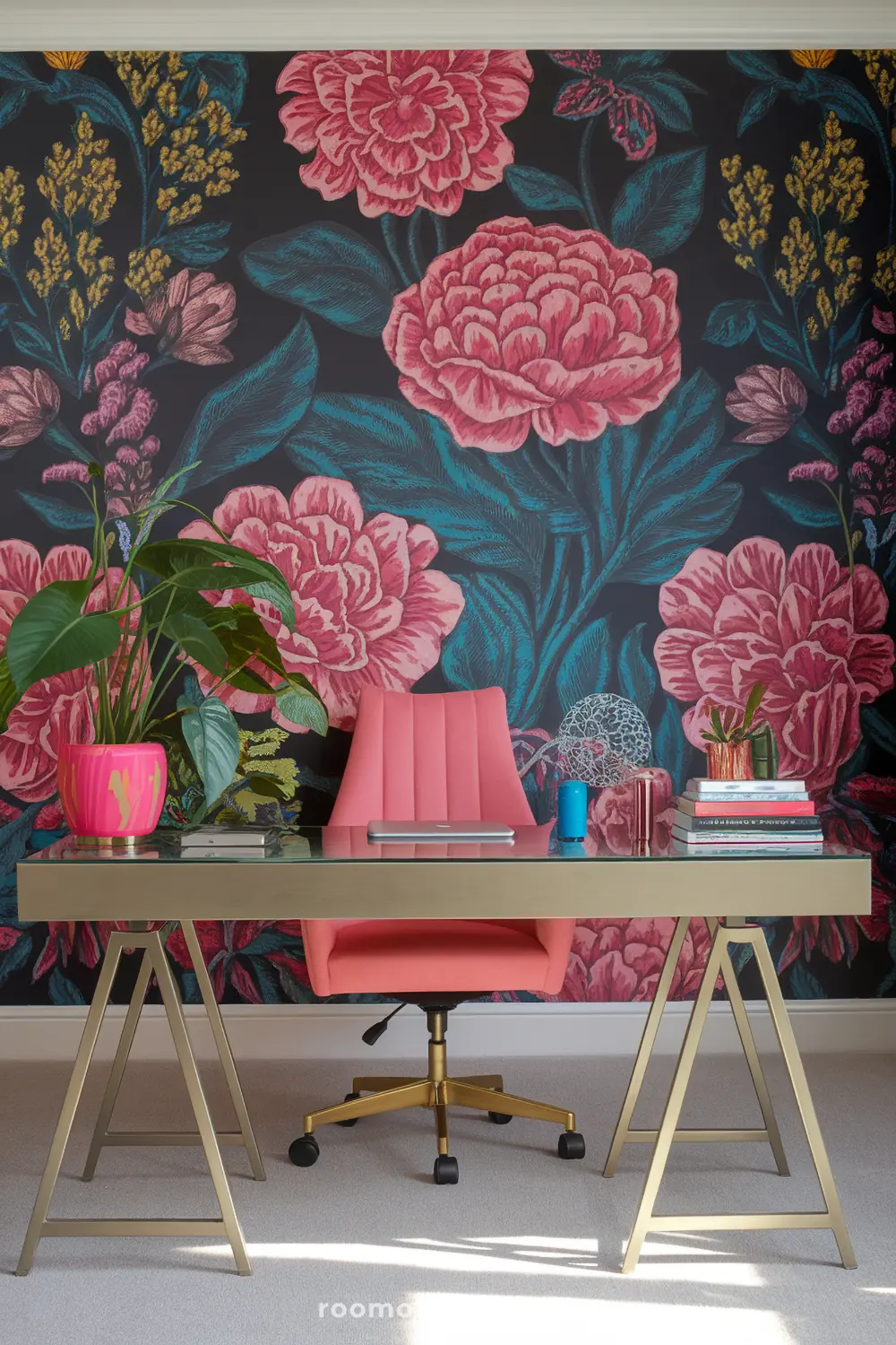 A maximalist home office with floral wallpaper and laptop.
