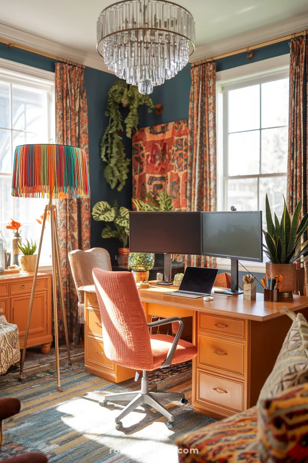 A maximalist home office with dramatic lighting fixtures and monitor.