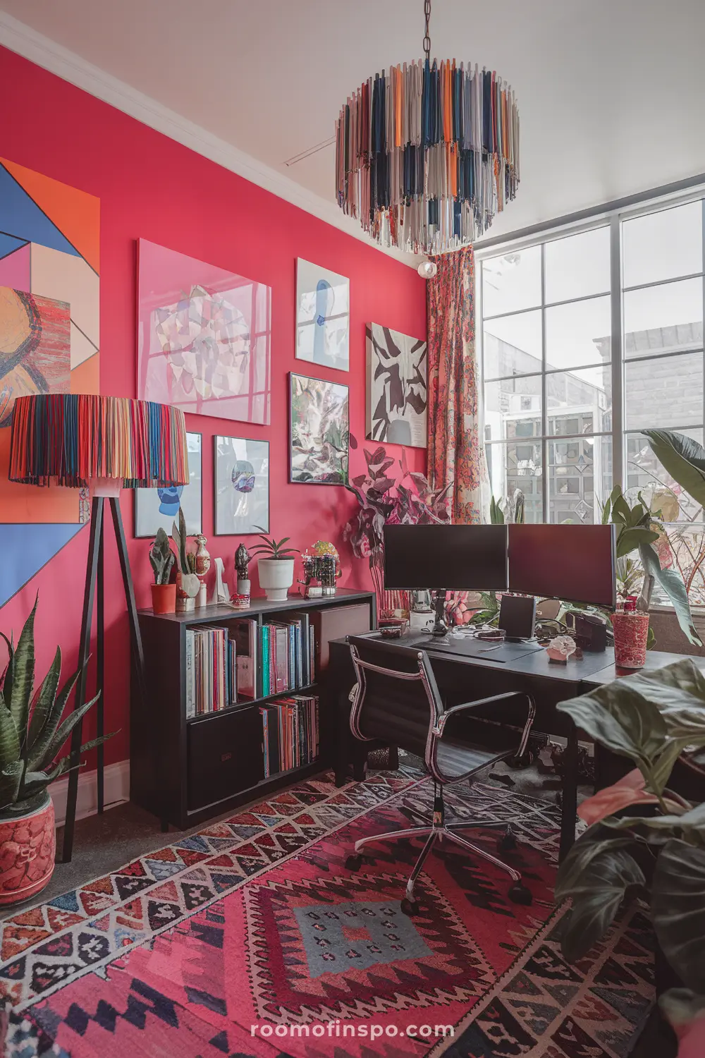 A maximalist home office with dramatic lighting fixtures and monitor.