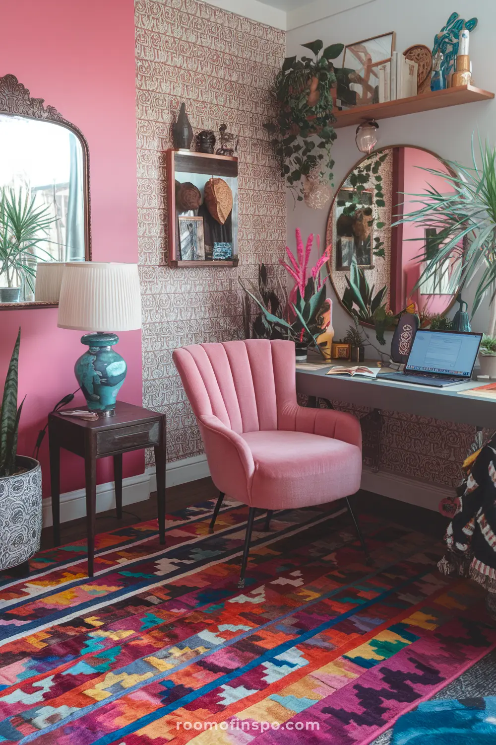 A maximalist home office with bold rugs and laptop.