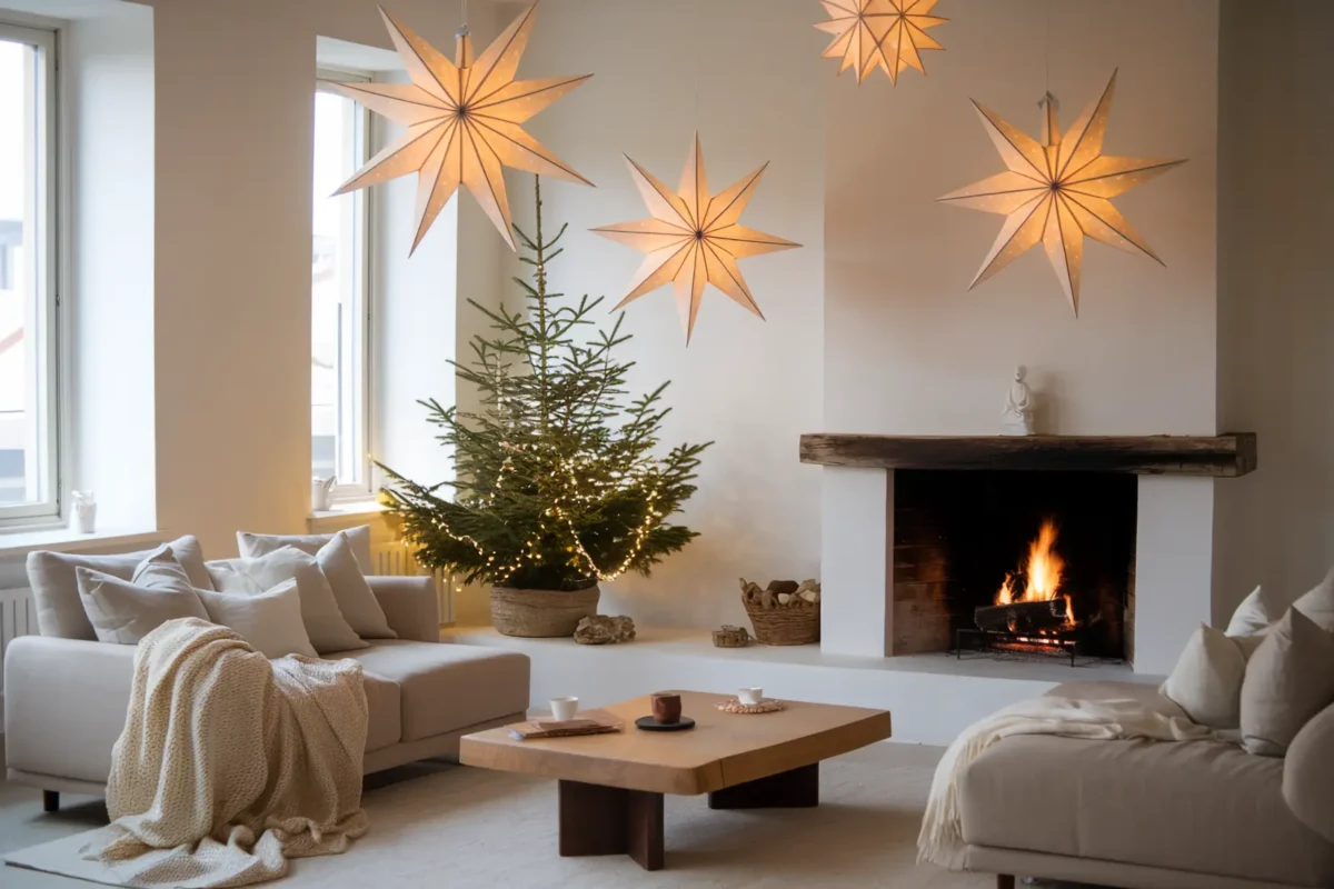 A cozy living room with a fireplace, a Christmas tree, and several large paper star lanterns hanging from the ceiling.