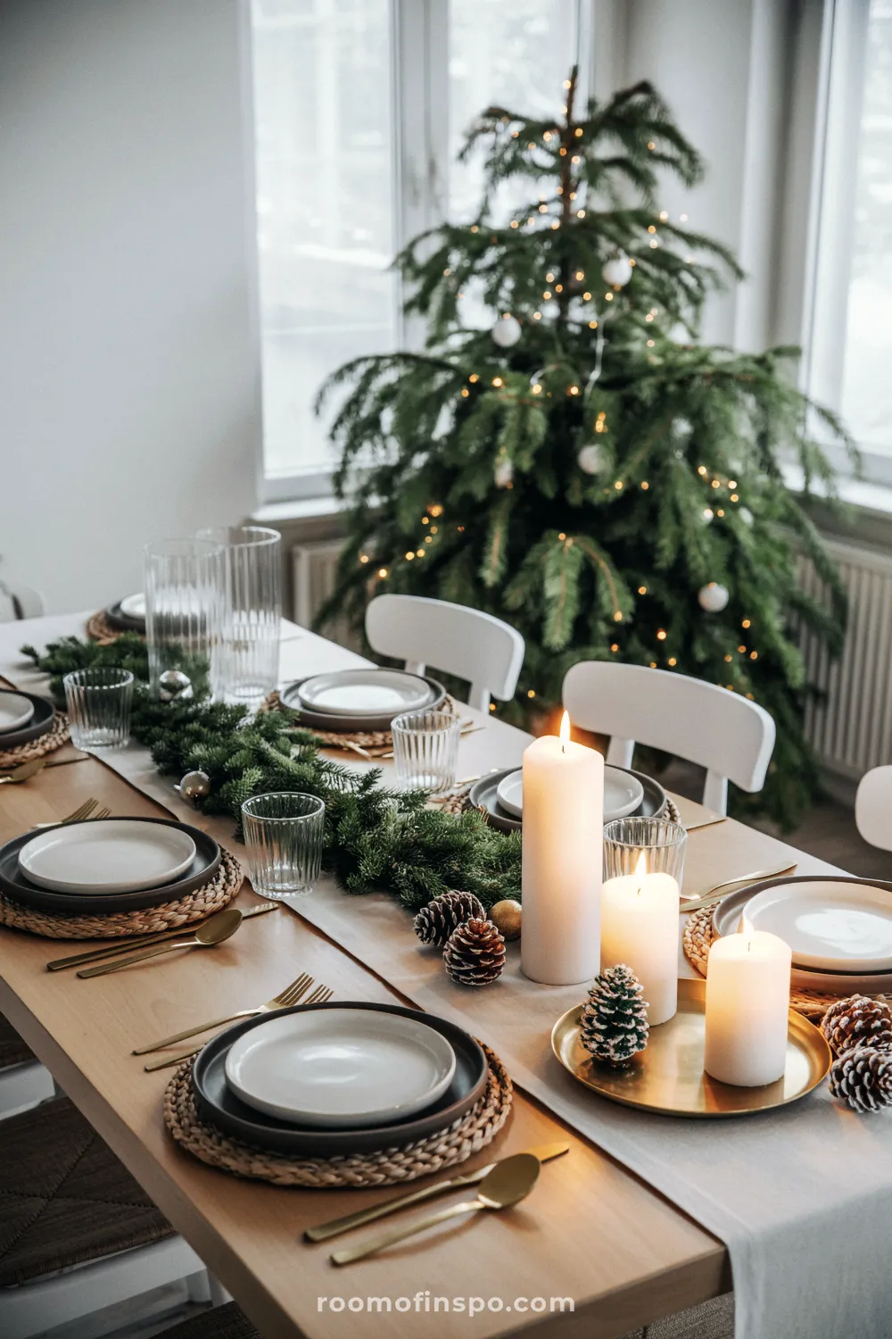 A natural wooden dining table set with white candles and pinecones for a minimalist Christmas tablescape.