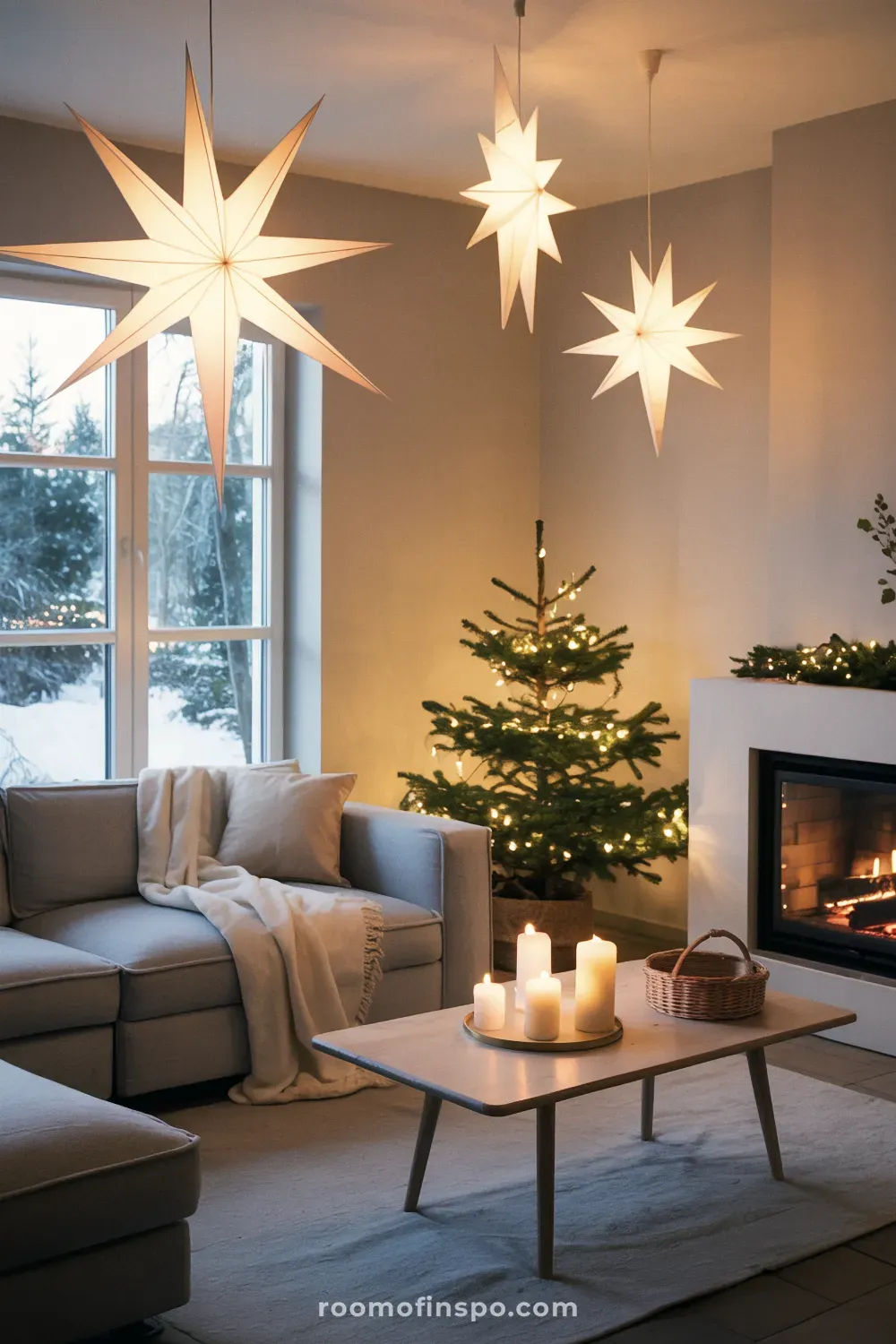 A warm, cozy living room featuring three large star lanterns and a small, minimalist Christmas tree by a lit fireplace.