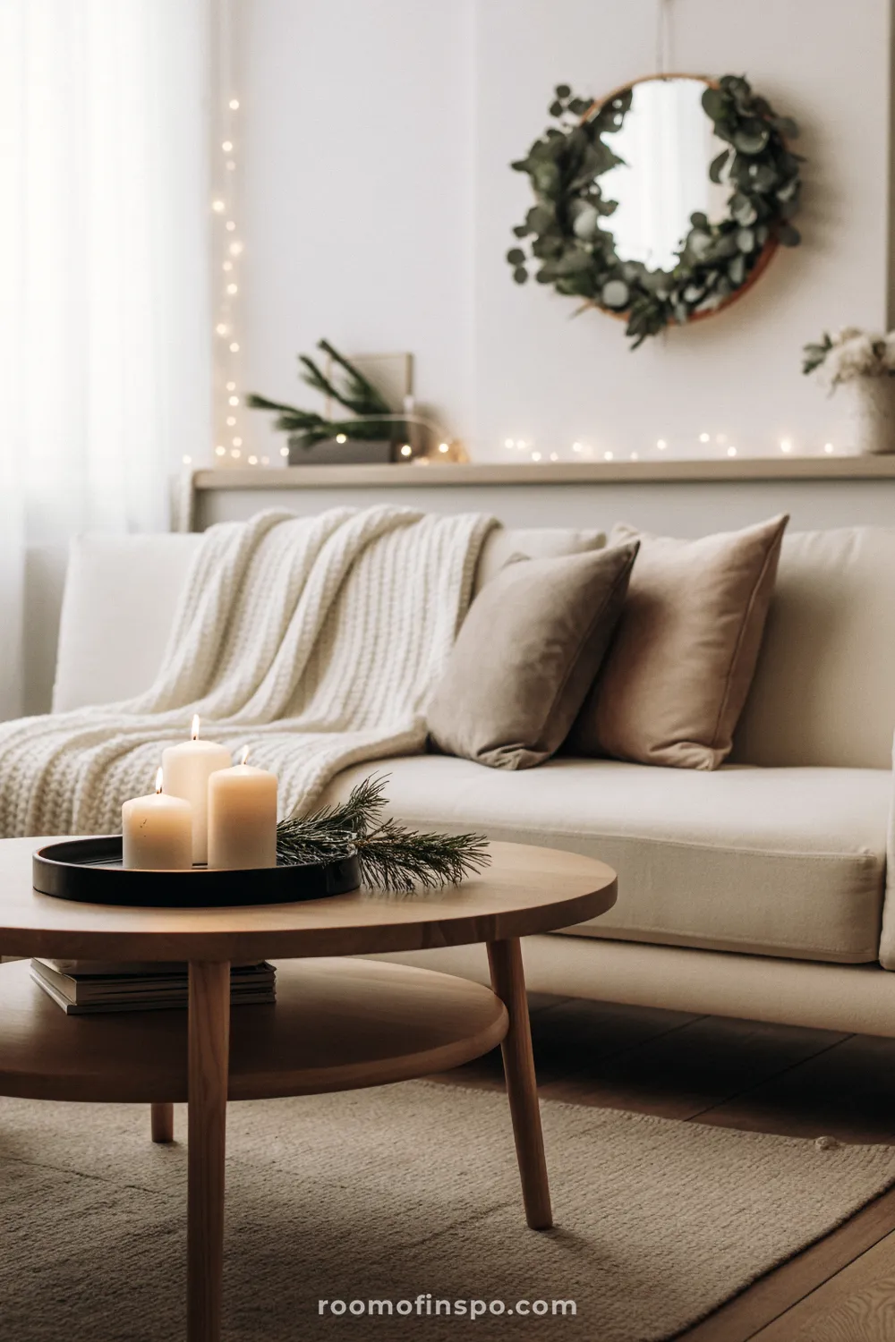 A cozy living room with a neutral sofa, a eucalyptus wreath, and candlelight, embodying minimalist Christmas style.