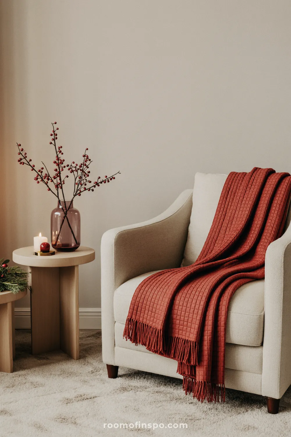 A cream armchair is draped with a rust-colored throw, creating a cozy minimalist Christmas corner with red berries.
