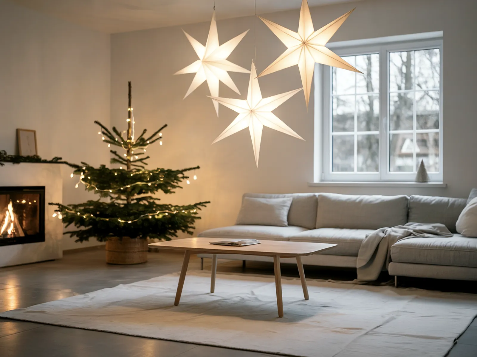 A bright living room featuring glowing star lights and a small, minimalist Christmas tree by the fireplace.