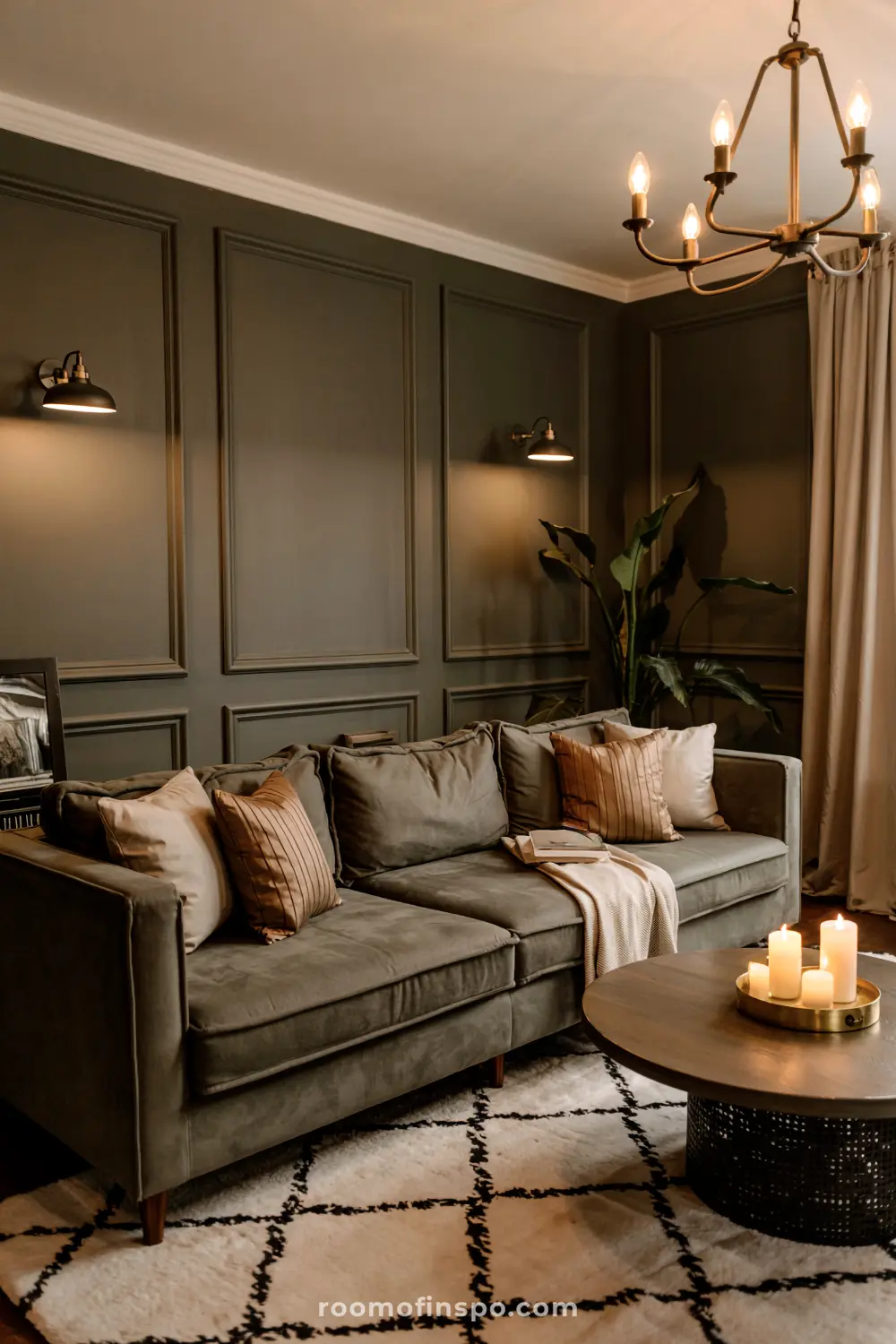 Forest green moody living room with natural fibers, linen textures, and warm wood.