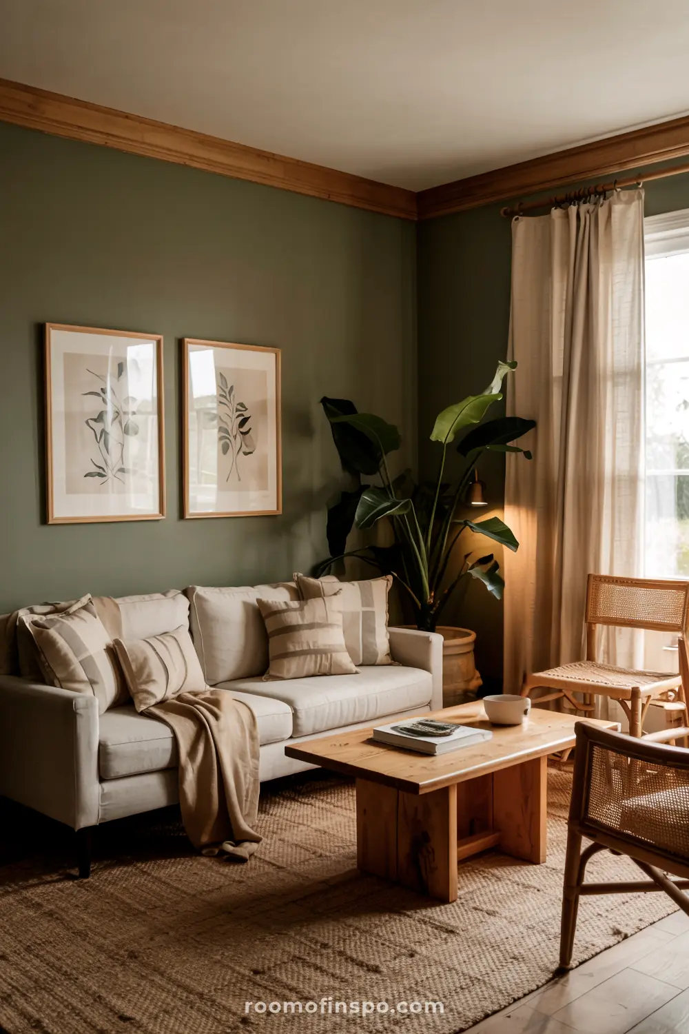 Olive-toned moody living room with organic materials and peaceful natural ambiance.