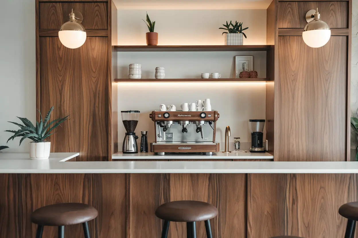 Mid-century modern coffee bar with indirect lighting.