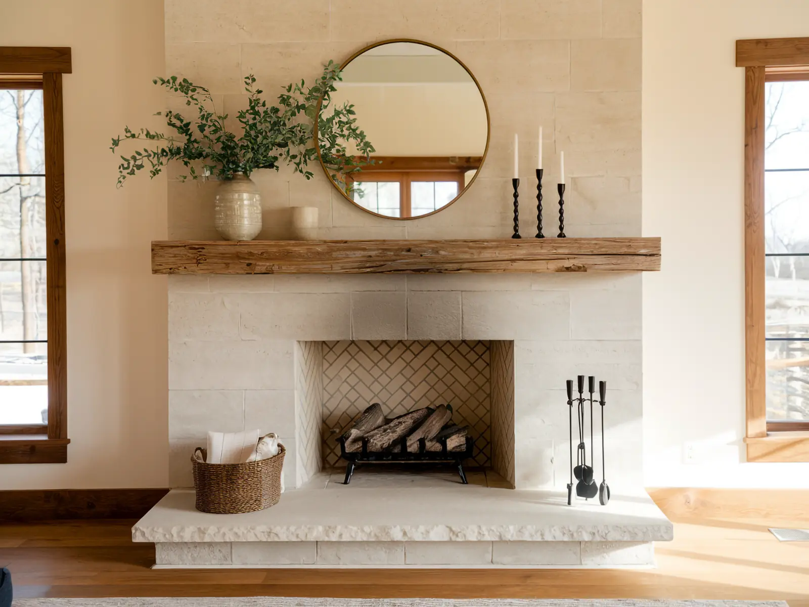 A modern farmhouse fireplace with a rustic wood mantel, a round mirror, and a vase of greenery, creating a warm and inviting atmosphere.