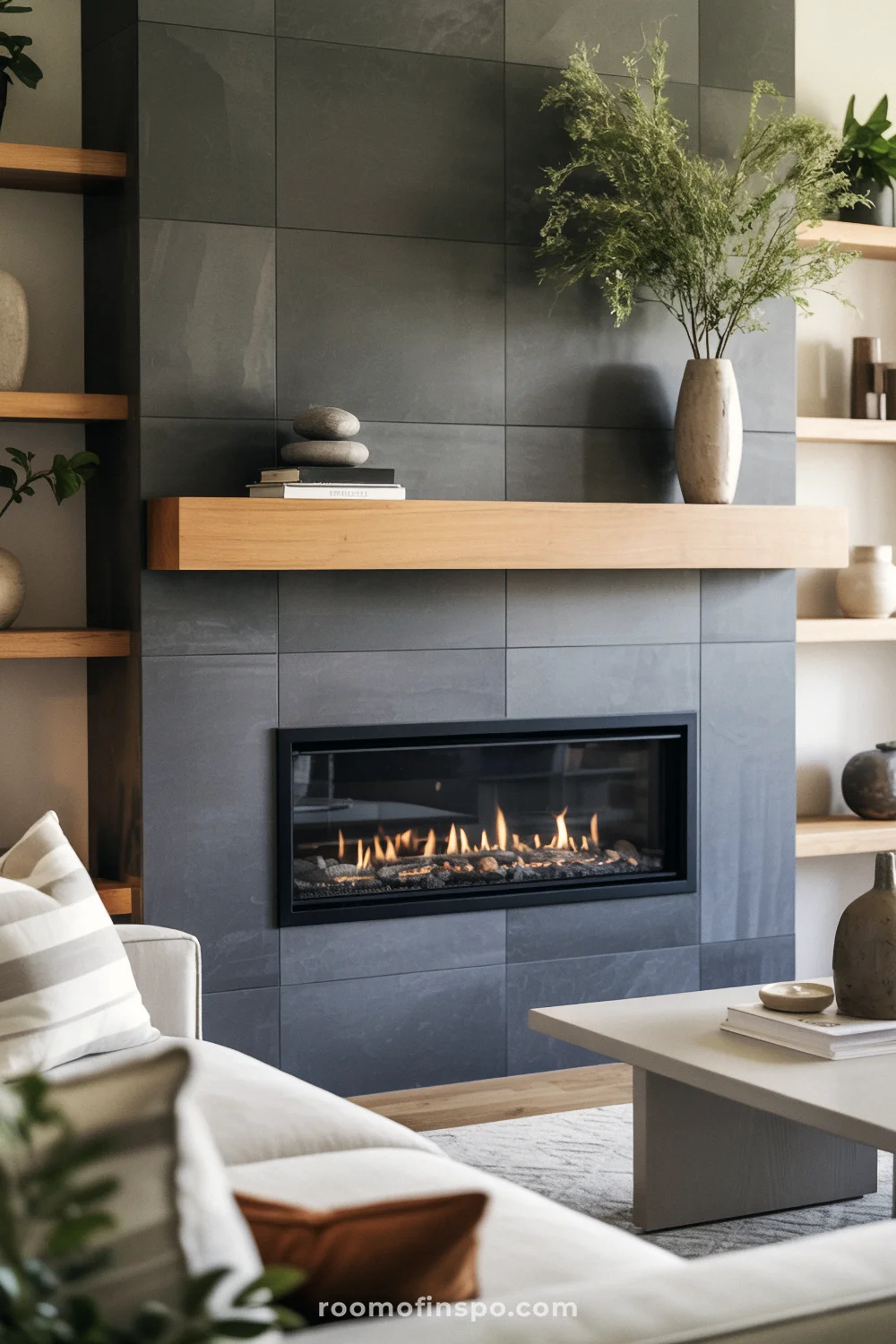 Wide charcoal tile fireplace with light wood mantel, built-in shelves, and white sectional sofa.