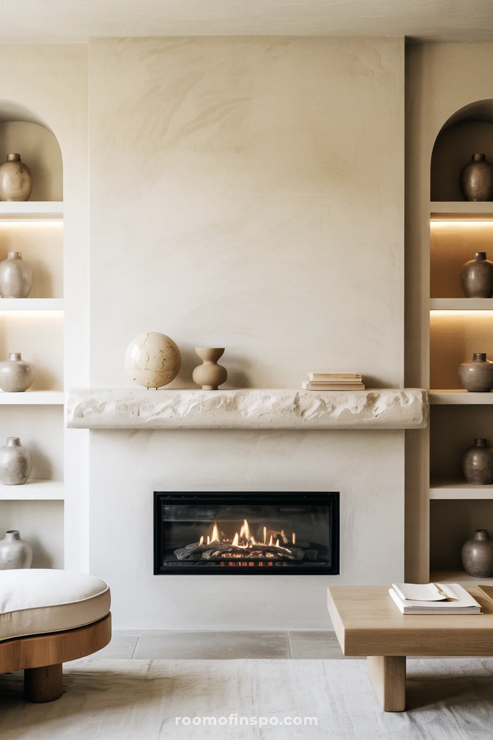 Plaster limestone fireplace wall with carved mantel shelf, linear flame, and arched lit niches with ceramics.