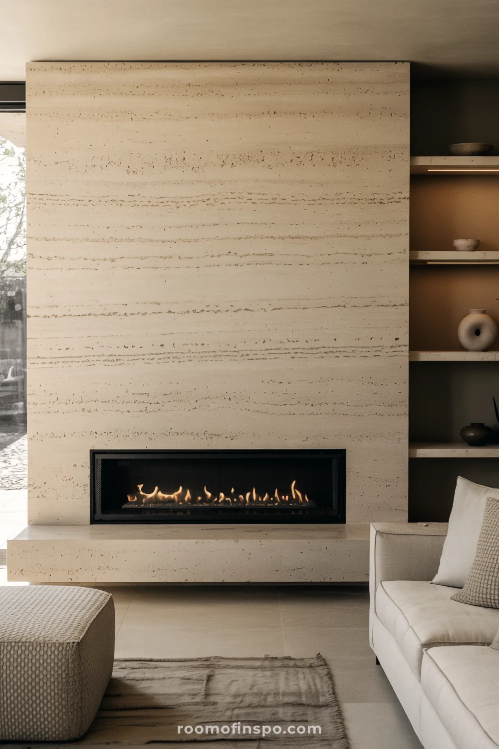 Pale travertine fireplace surround with wide low firebox, lit stone shelves, and light gray sectional.