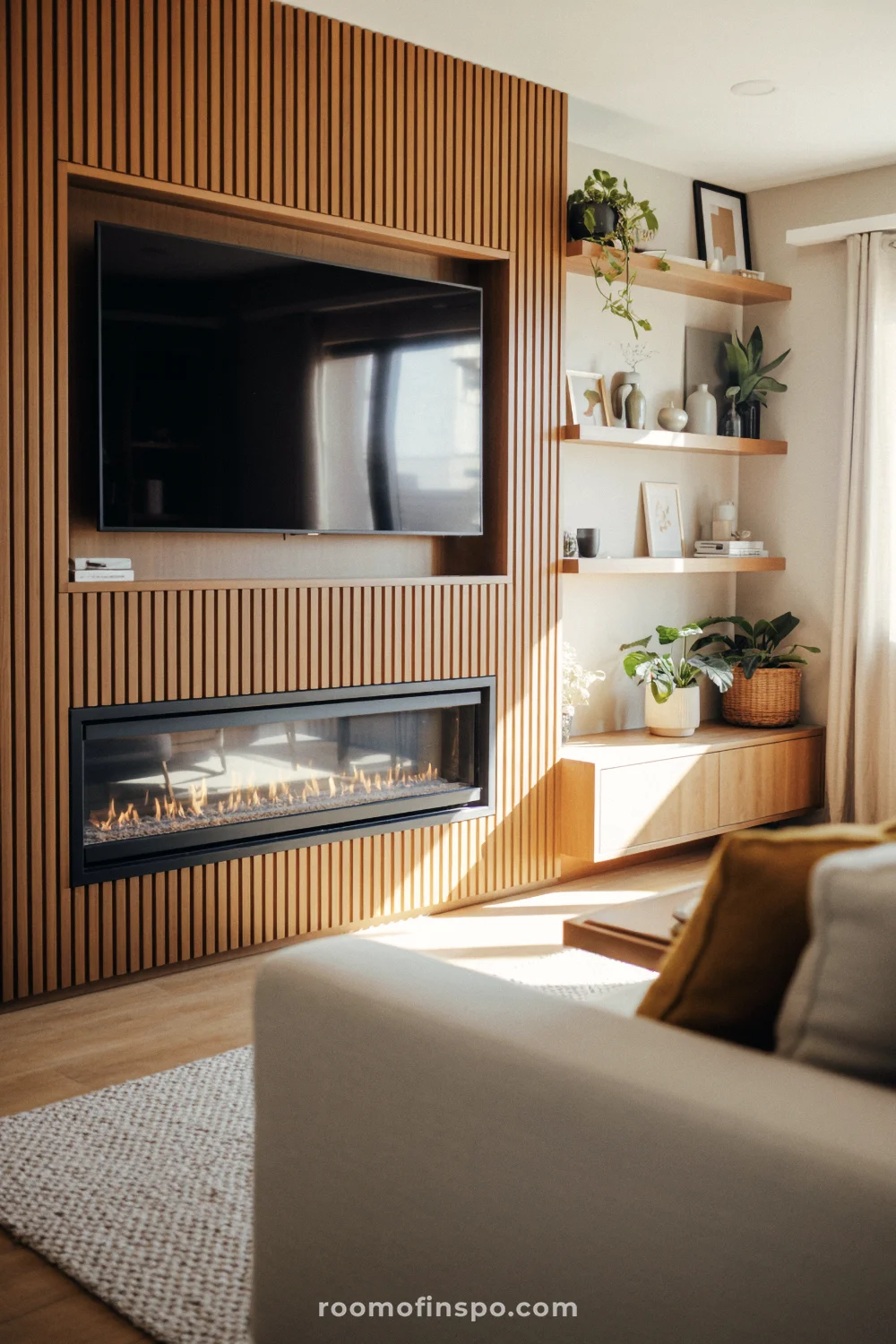 Vertical honey-toned slat wall with low black linear fireplace, TV above, floating shelves, and neutral sofa.