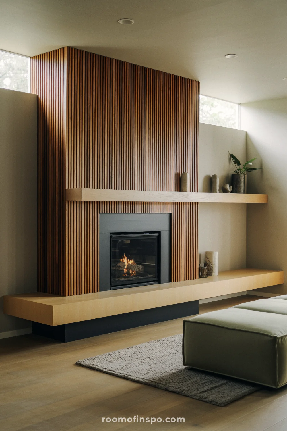 Caramel vertical slat fireplace bump-out with pale maple floating mantel, black steel firebox, and soft gray modular sofa.