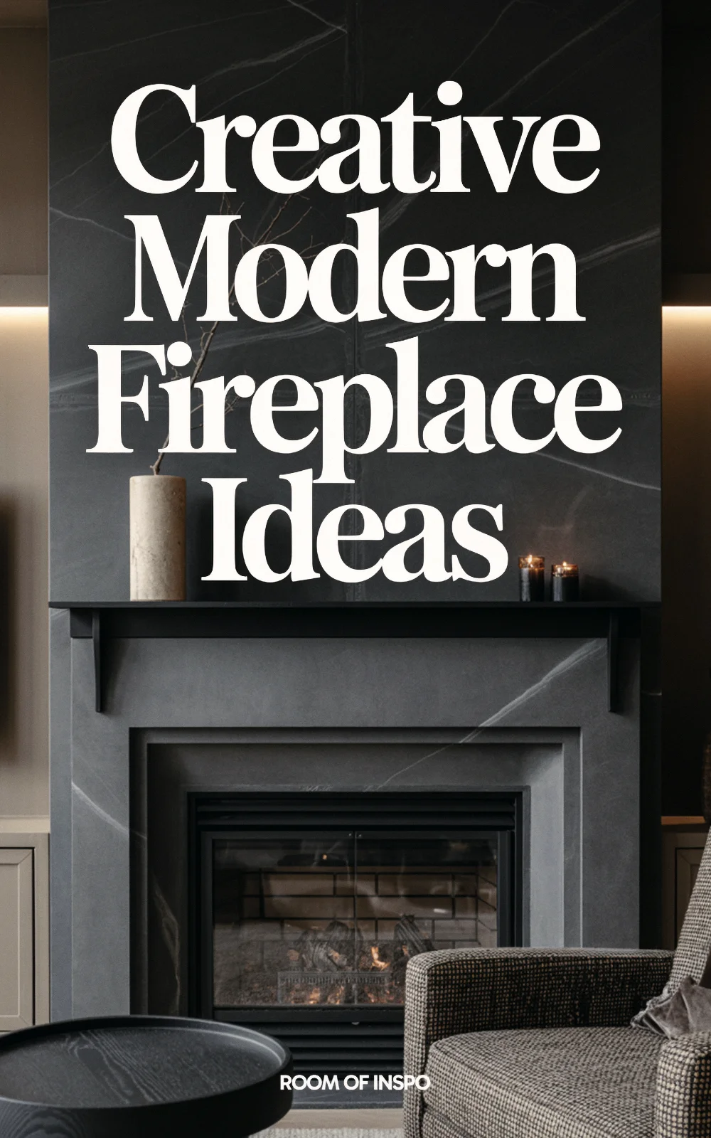Modern fireplace mantle with espresso wood finish, metal sculptures, and woven textile decor.