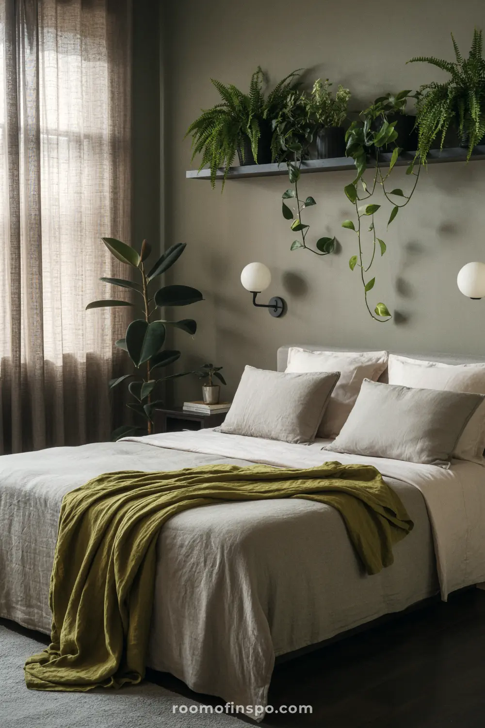 A modern bedroom with a sage green accent wall, and lots of plants on a shelf above the gray headboard.