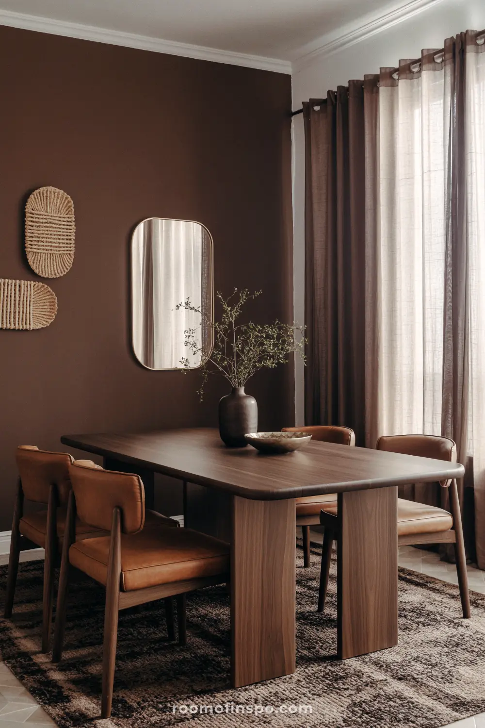 A modern, dark brown living room.