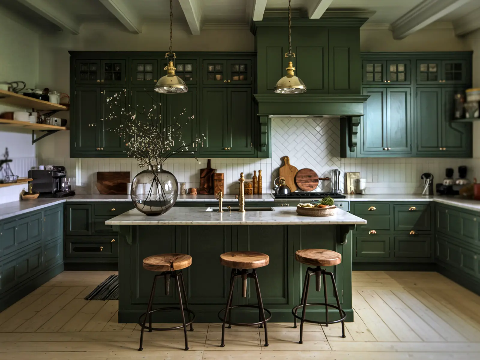 A moody modern farmhouse-style kitchen with dark green cabinetry, a marble countertop, and a center island with wooden stools, all illuminated by warm pendant lights.