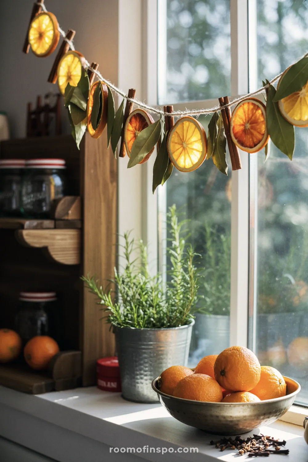 A window is strung with a bright natural garland of dried orange slices, bay leaves, and cinnamon sticks for Christmas cheer.