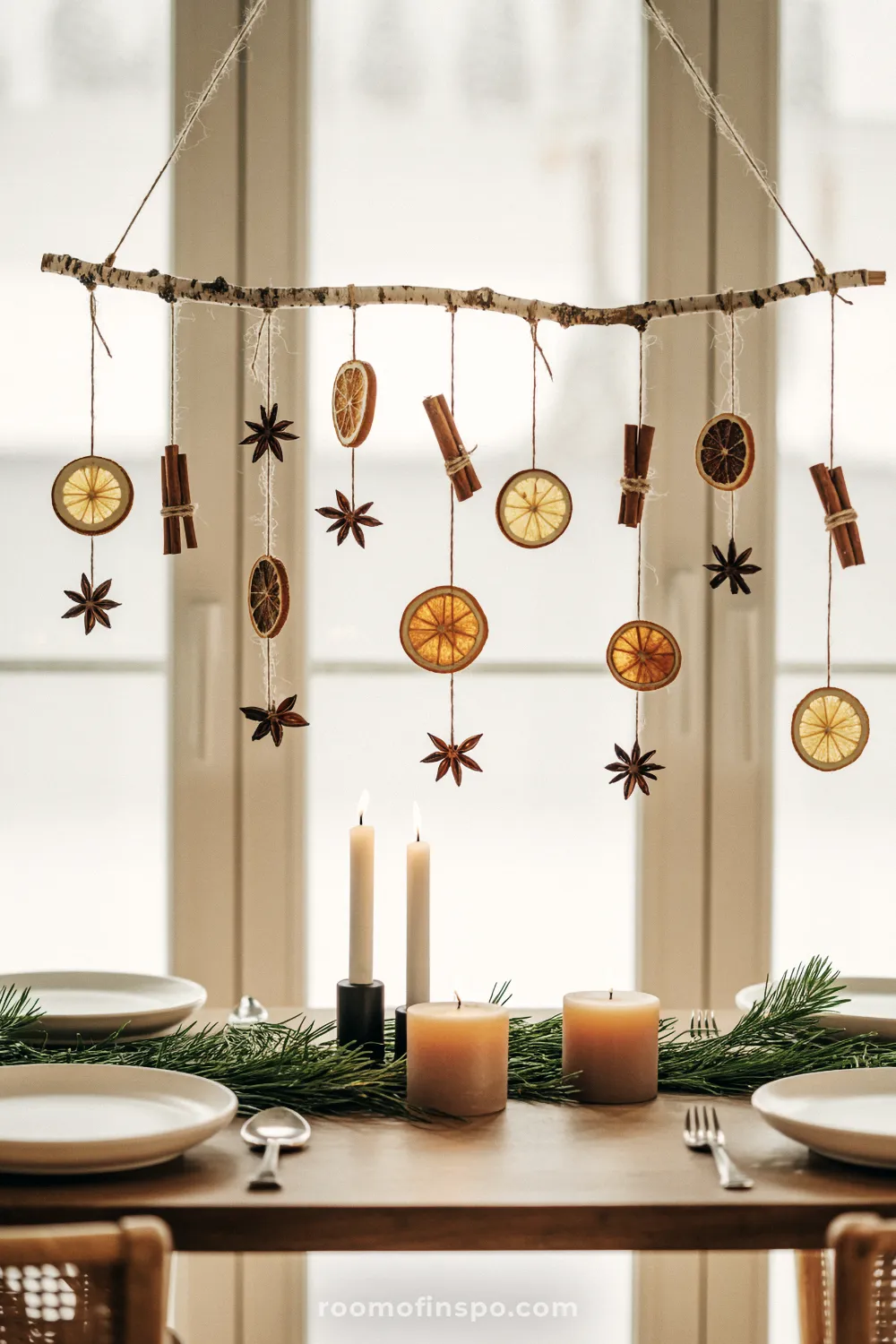 A simple natural mobile hangs over a table, decorated with dried citrus, star anise, and cinnamon sticks for Christmas.