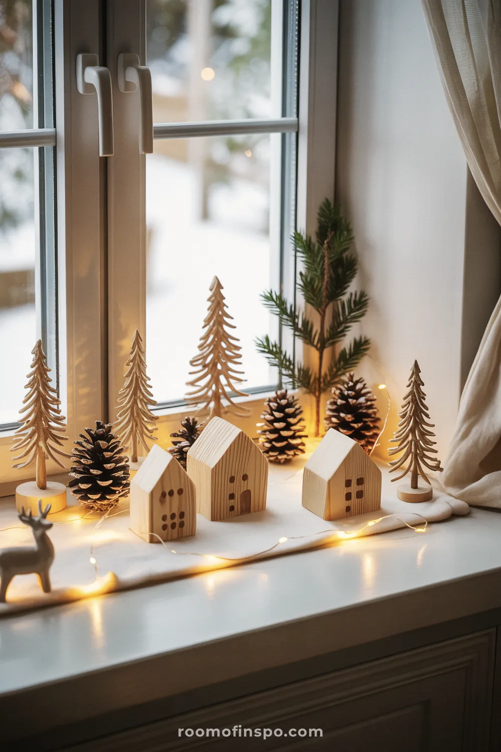 A windowsill features a small wonderland of natural wood houses, pinecones, and tiny trees illuminated by string lights for Christmas.