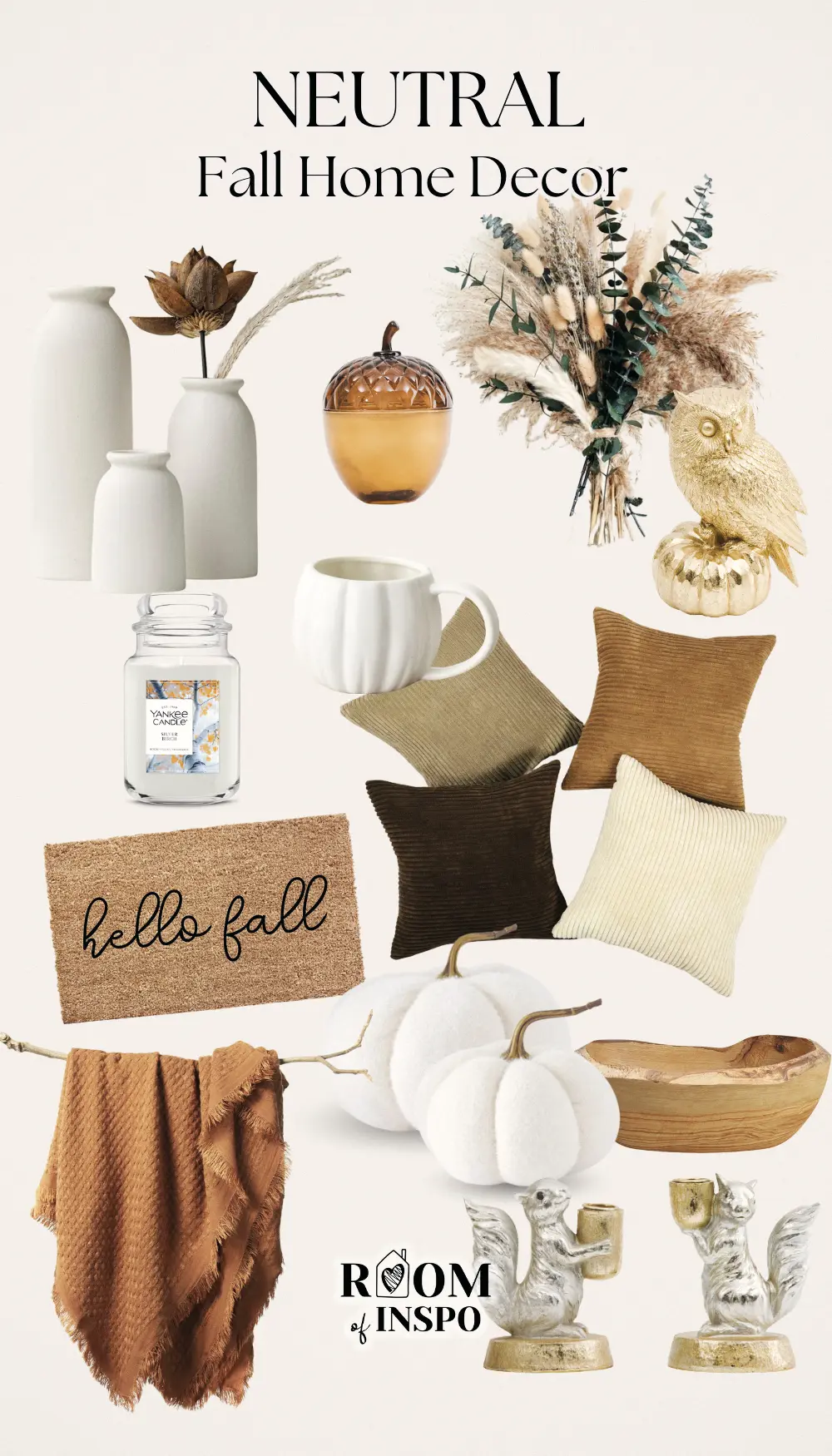 A curated display of neutral fall home decor items including ceramic vases, pumpkins, squirrel figurines, throw pillows, and dried flowers, with the text “NEUTRAL Fall Home Decor” and “ROOM of INSPO”.
