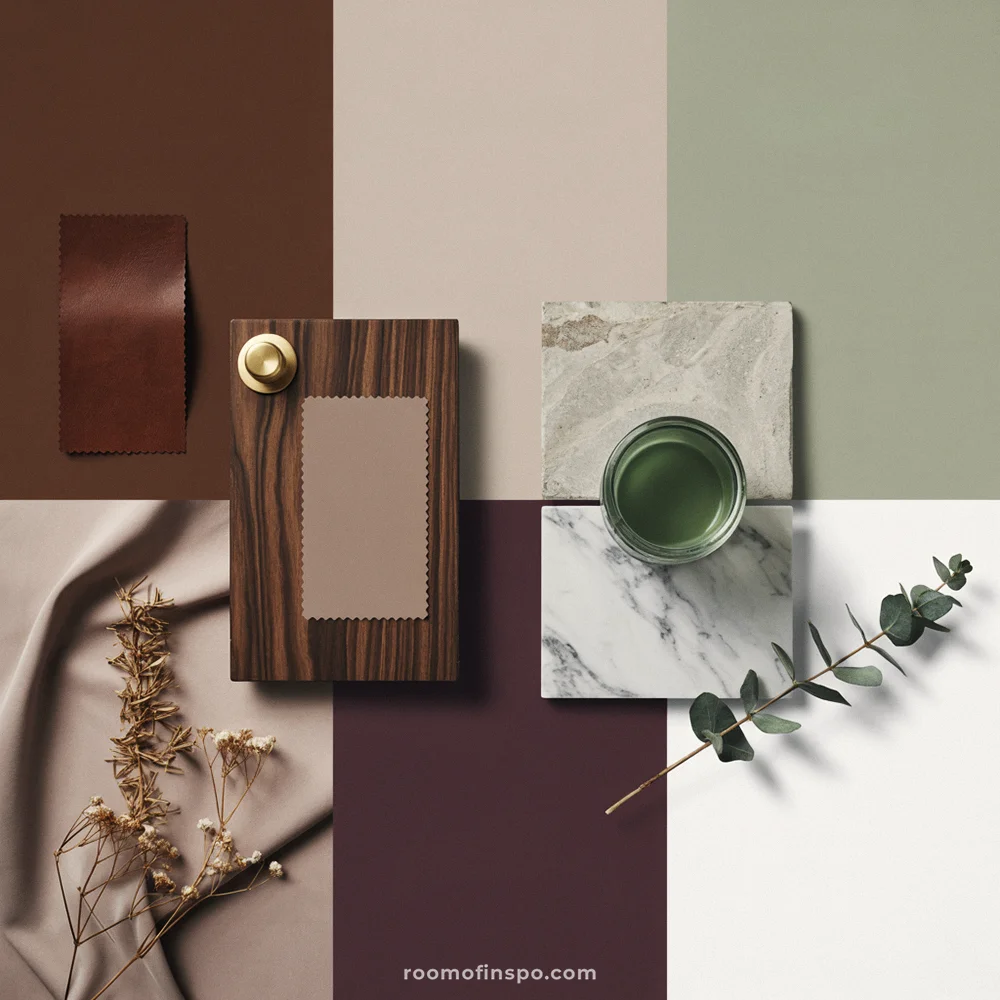 Flatlay moodboard with five zones for 2026 paint colors.
