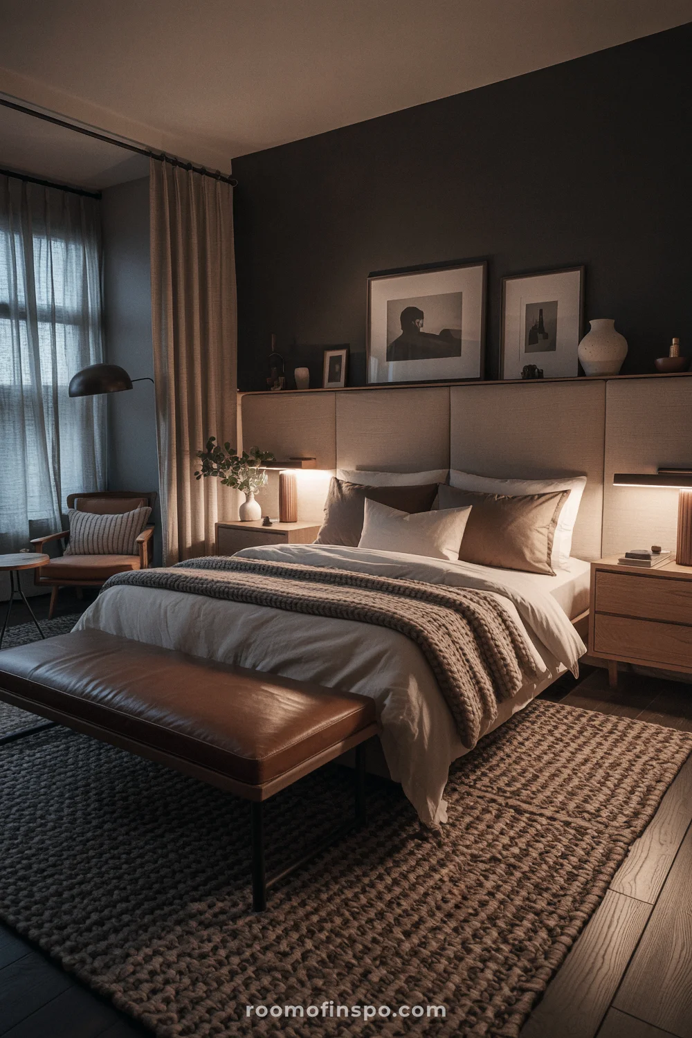 Bedroom with dark brown accent wall, linen headboard, smoked oak nightstands, and warm sconce lighting.