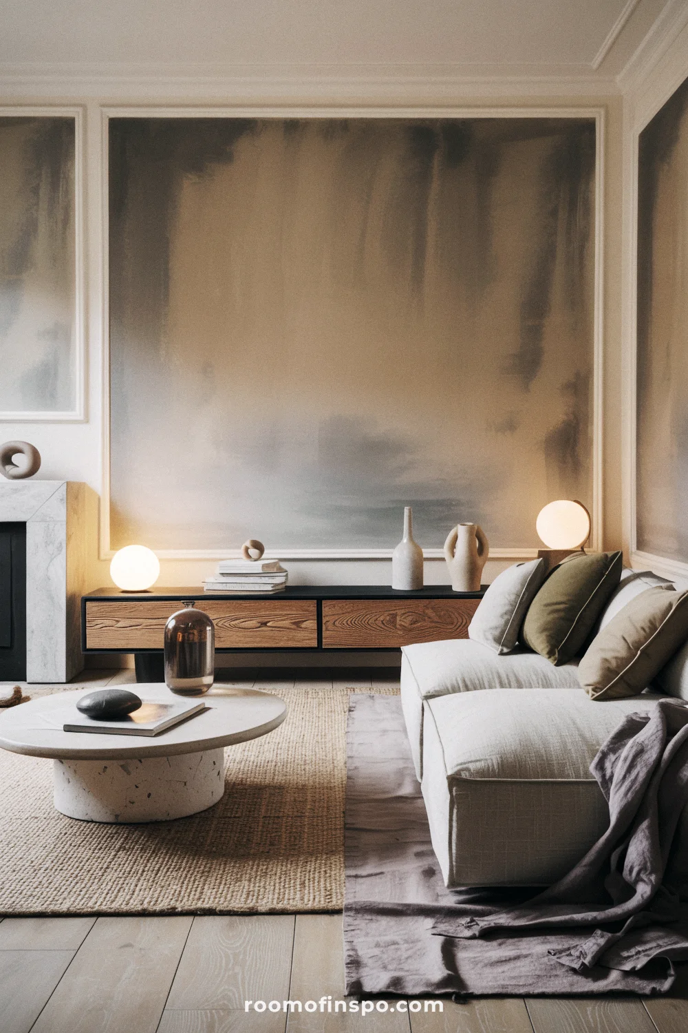 Mushroom-neutral living room with stone linen sectional, microcement fireplace, pale oak floors, and layered rugs.