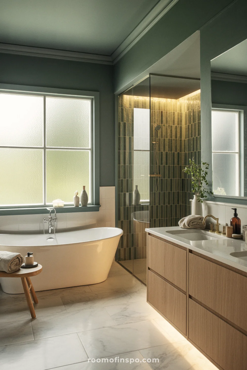 Spa-like bathroom with smoky jade walls, light oak vanity, freestanding tub, and zellige-tiled shower.