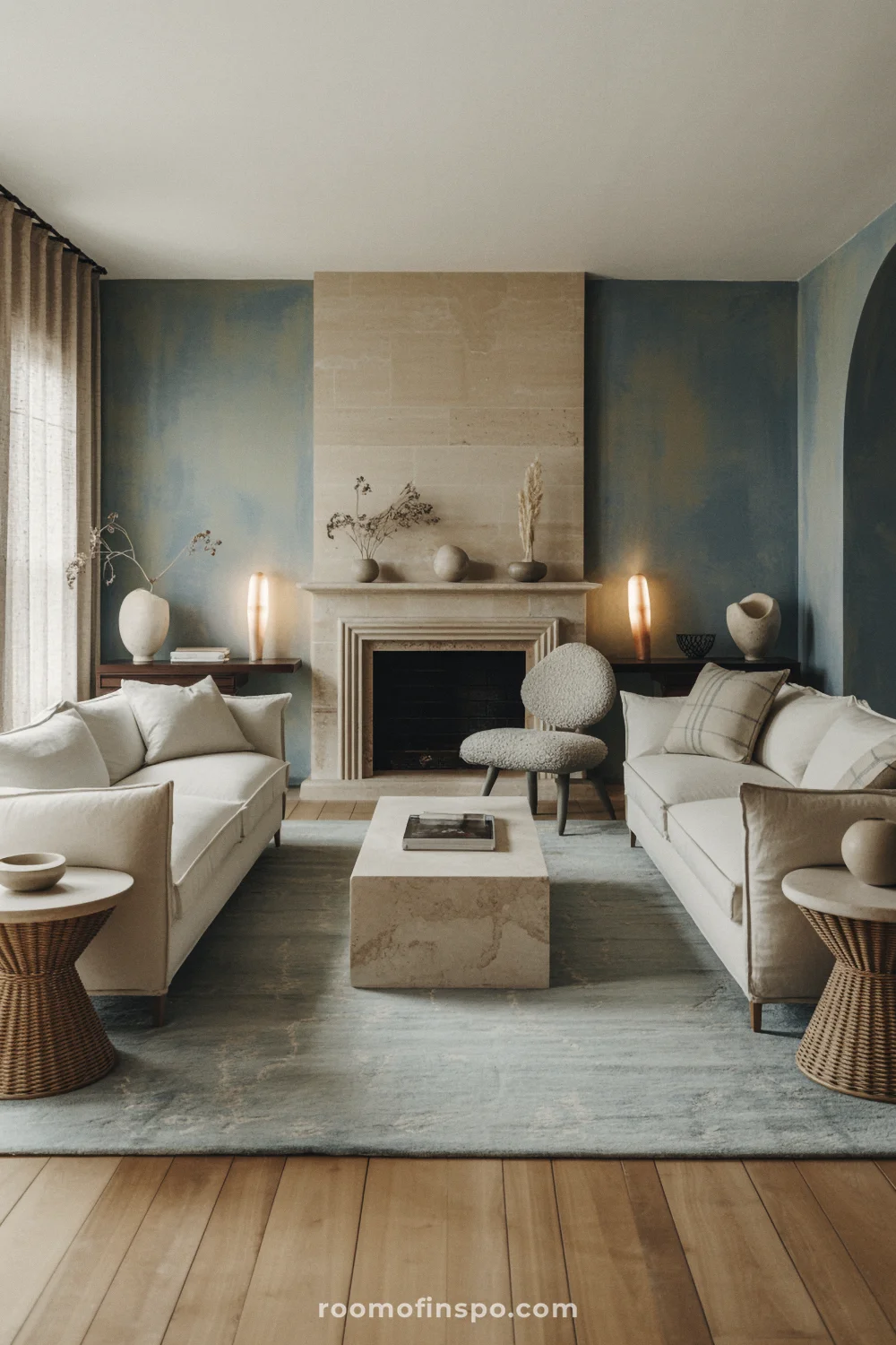 Muted blue-green living room with ivory sofas, travertine table, limestone fireplace, and soft diffused daylight.