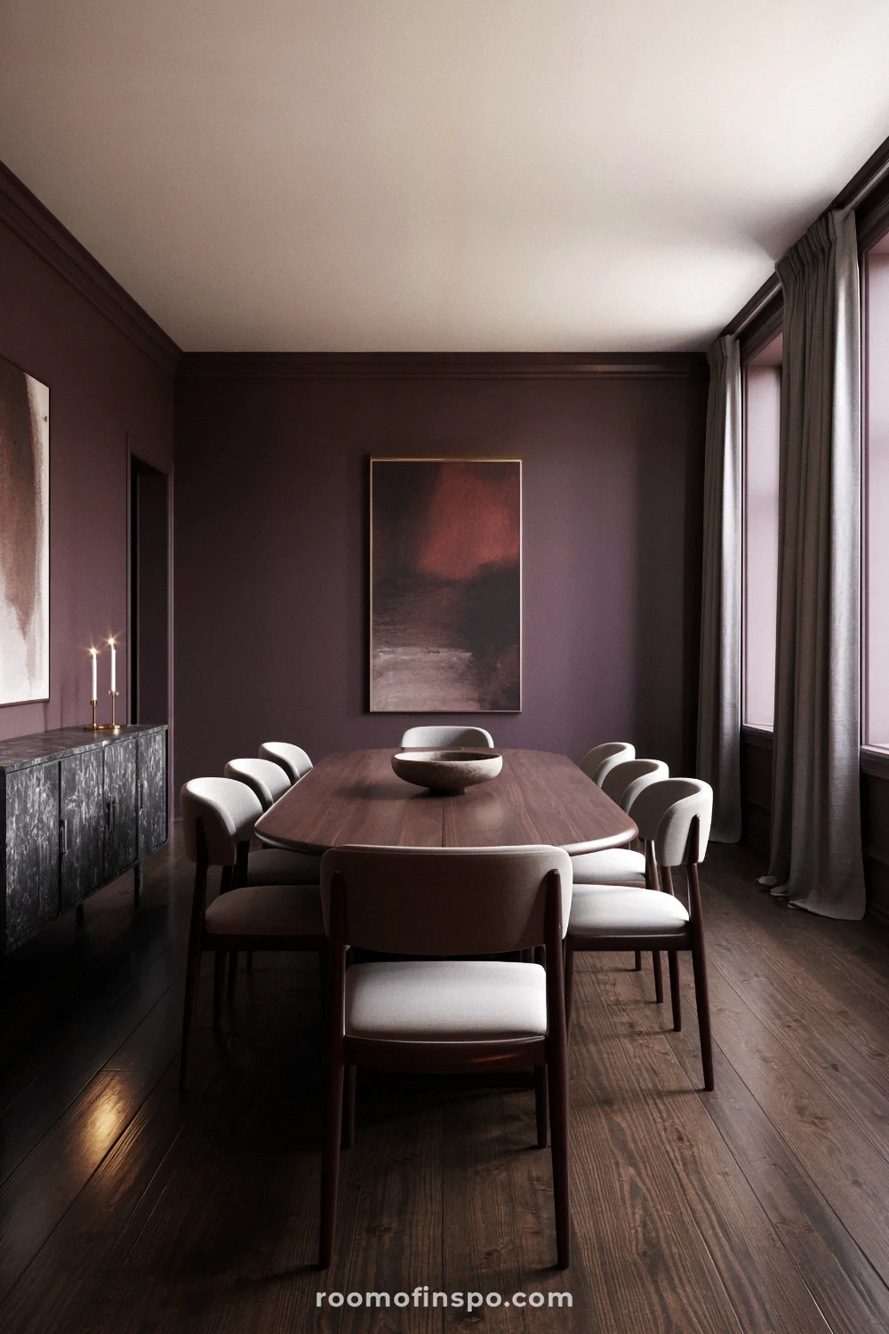 Deep plum dining room with walnut table, linen chairs, aged brass lighting, and dark oak floors.