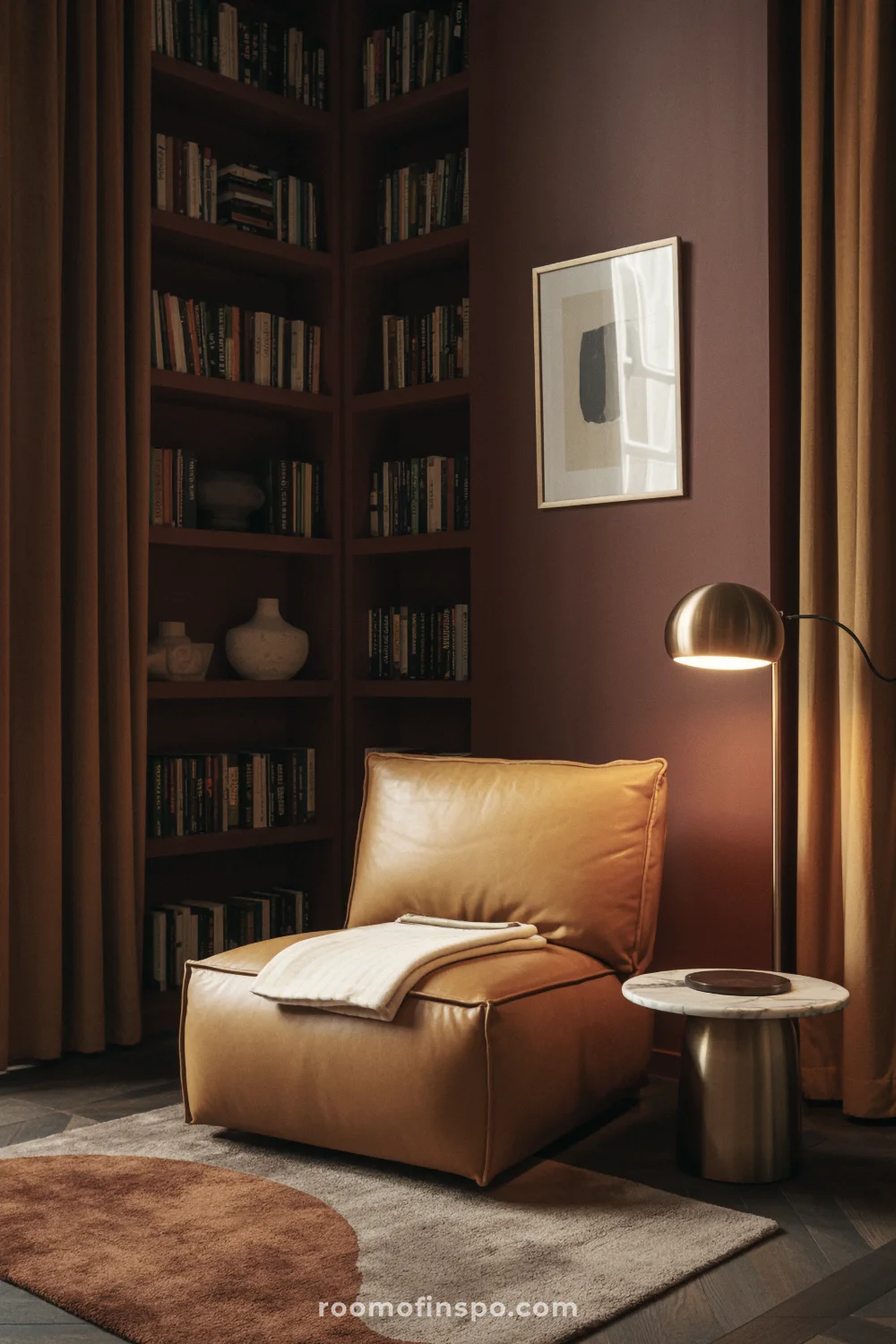 Burgundy library nook with built-in shelves, camel leather chair, marble side table, and warm floor lamp.