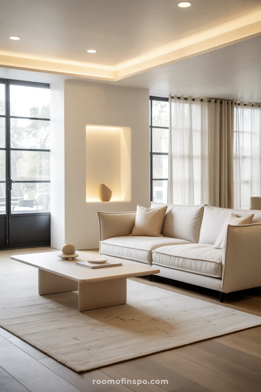 Soft white living room with off-white modular sofa, ash coffee table, light oak floors, and sheer curtains.