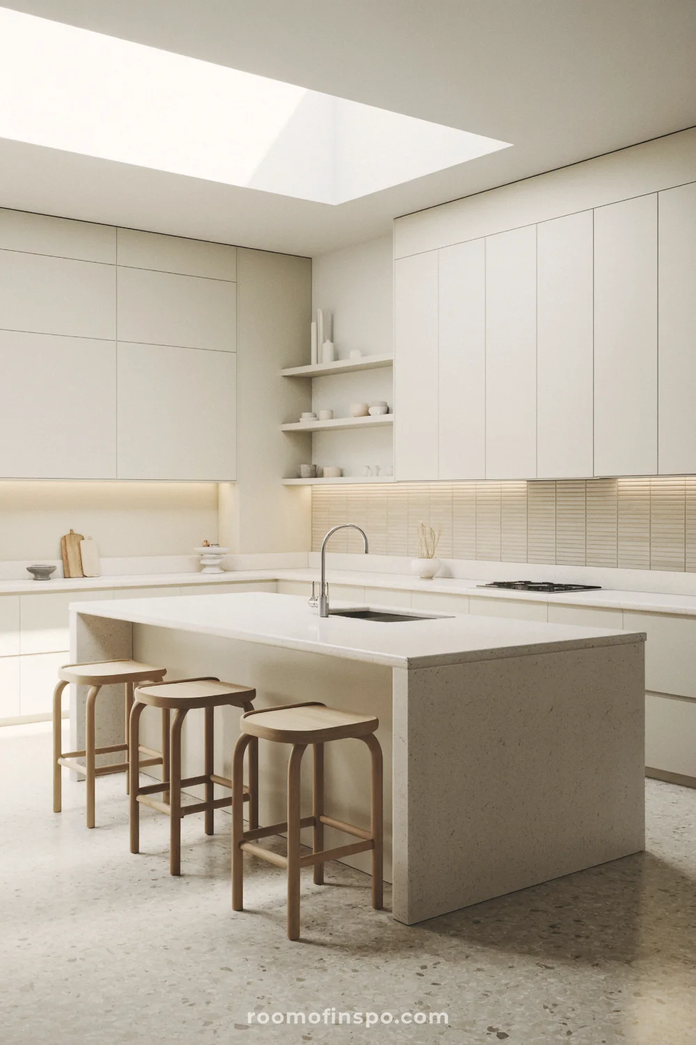 All-white kitchen with quartz island, warm white cabinets, pale terrazzo floor, and skylight lighting.