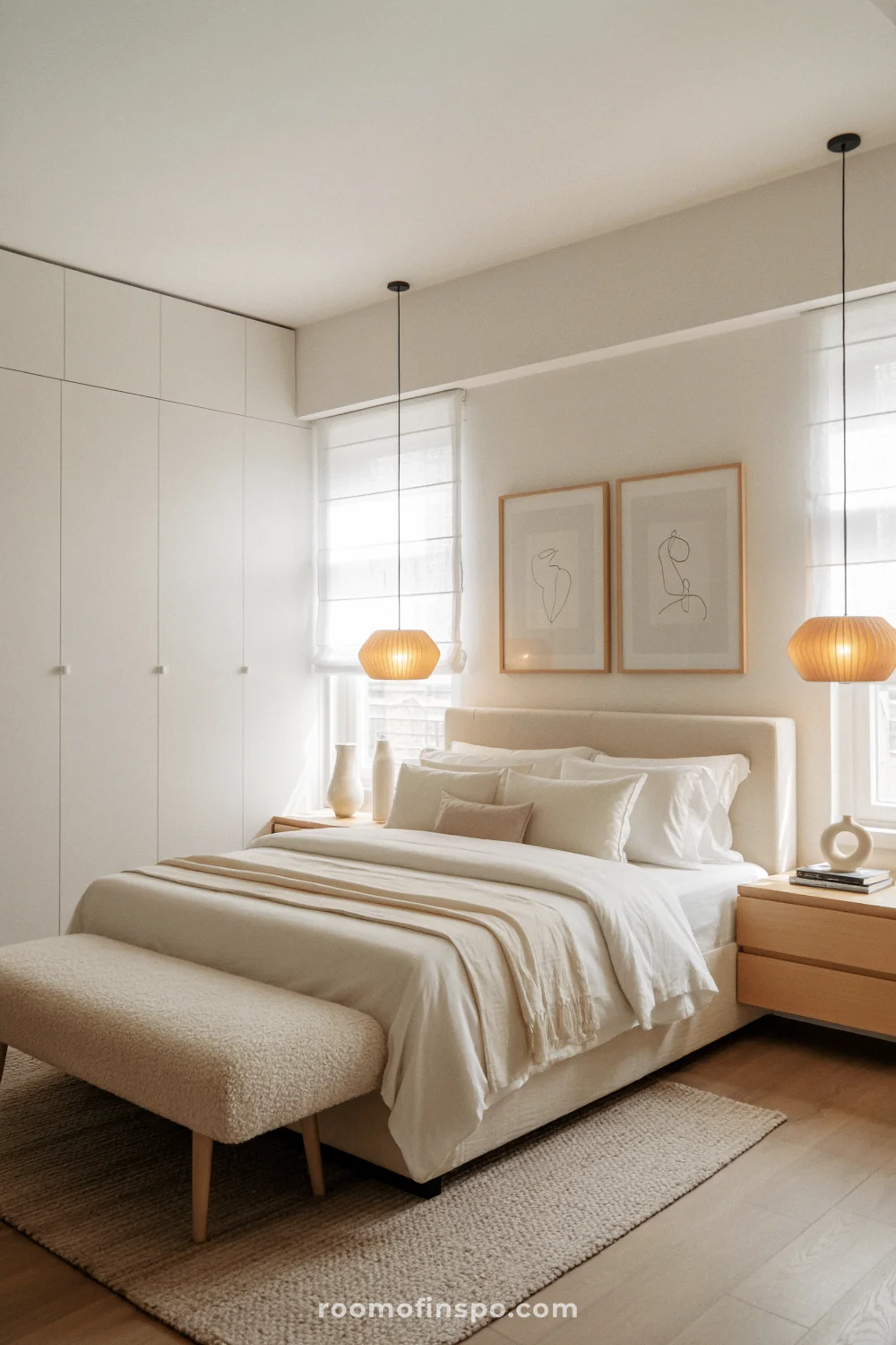 Soft white bedroom with ivory upholstered bed, light maple nightstands, ecru rug, and opal pendant lights.