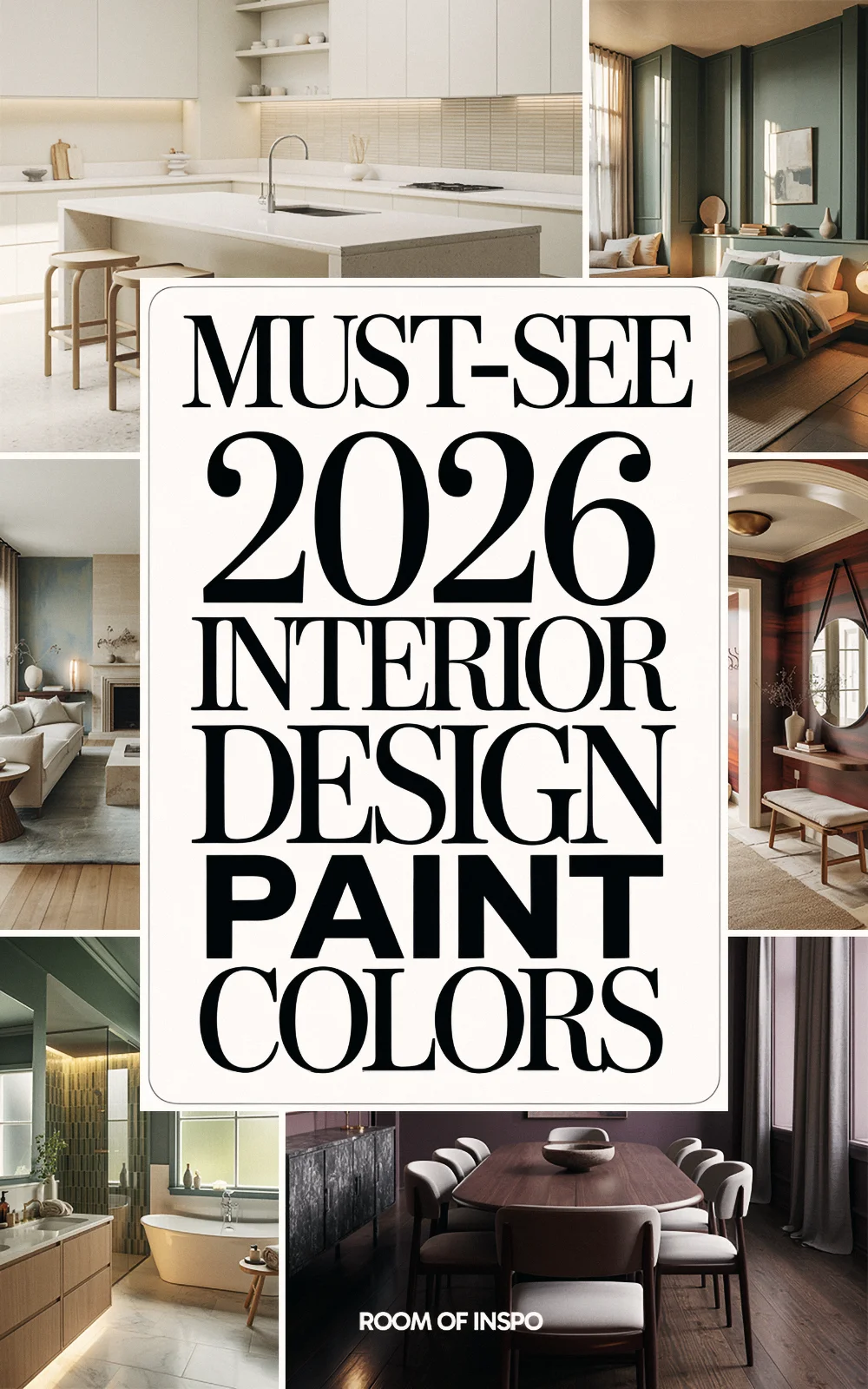 Collage showing interior spaces with 2026 design paint colors and text “Interior Design Paint Colors.”