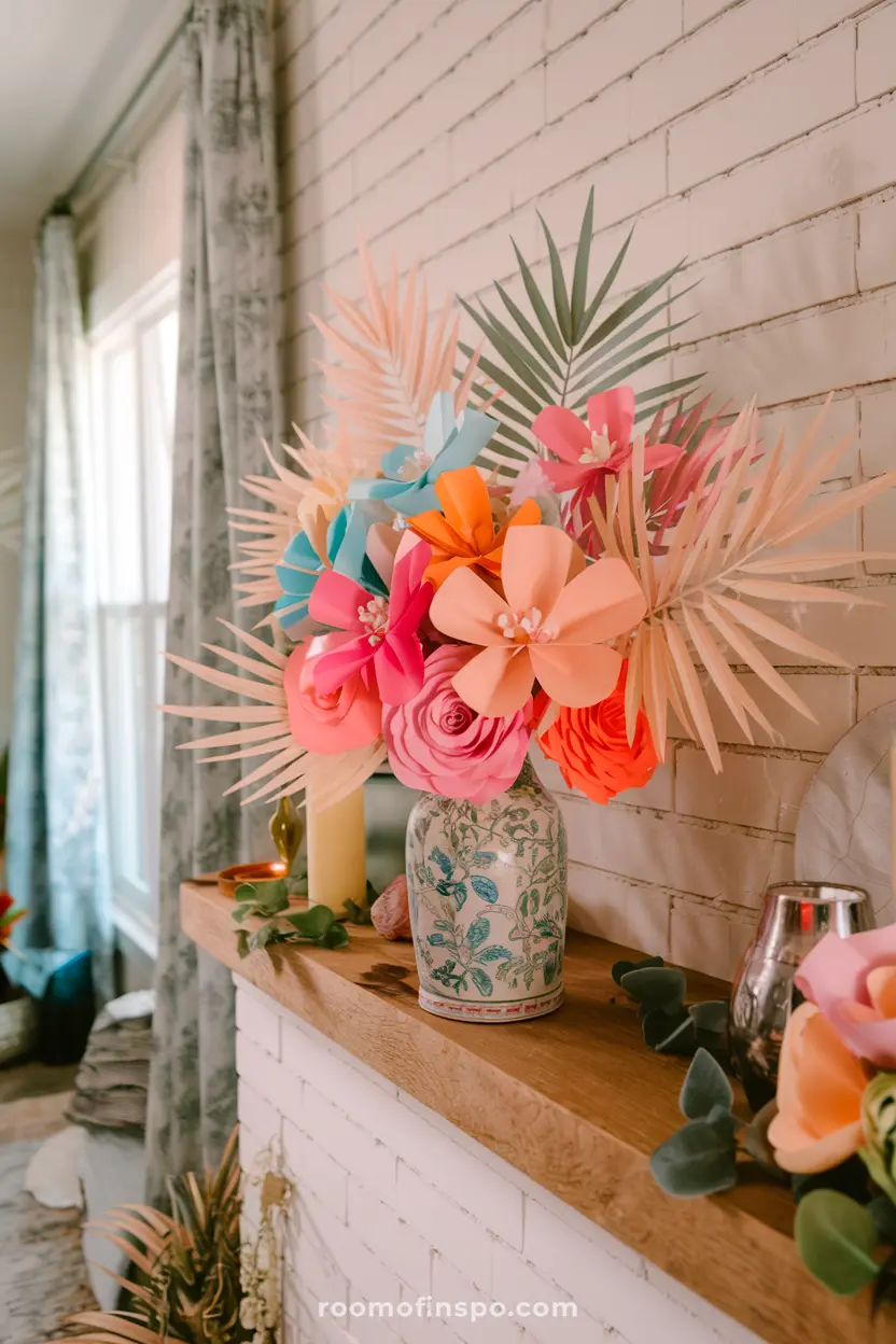 Paper flowers in soft pastels combined with faux palm leaves in a spring-inspired arrangement.