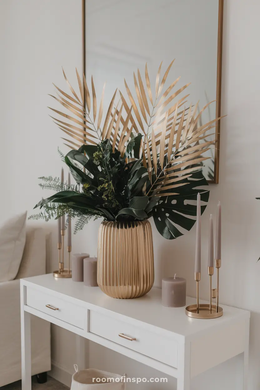 Gold-painted palm leaves in a gold vase with neutral accents on a minimalist console table.