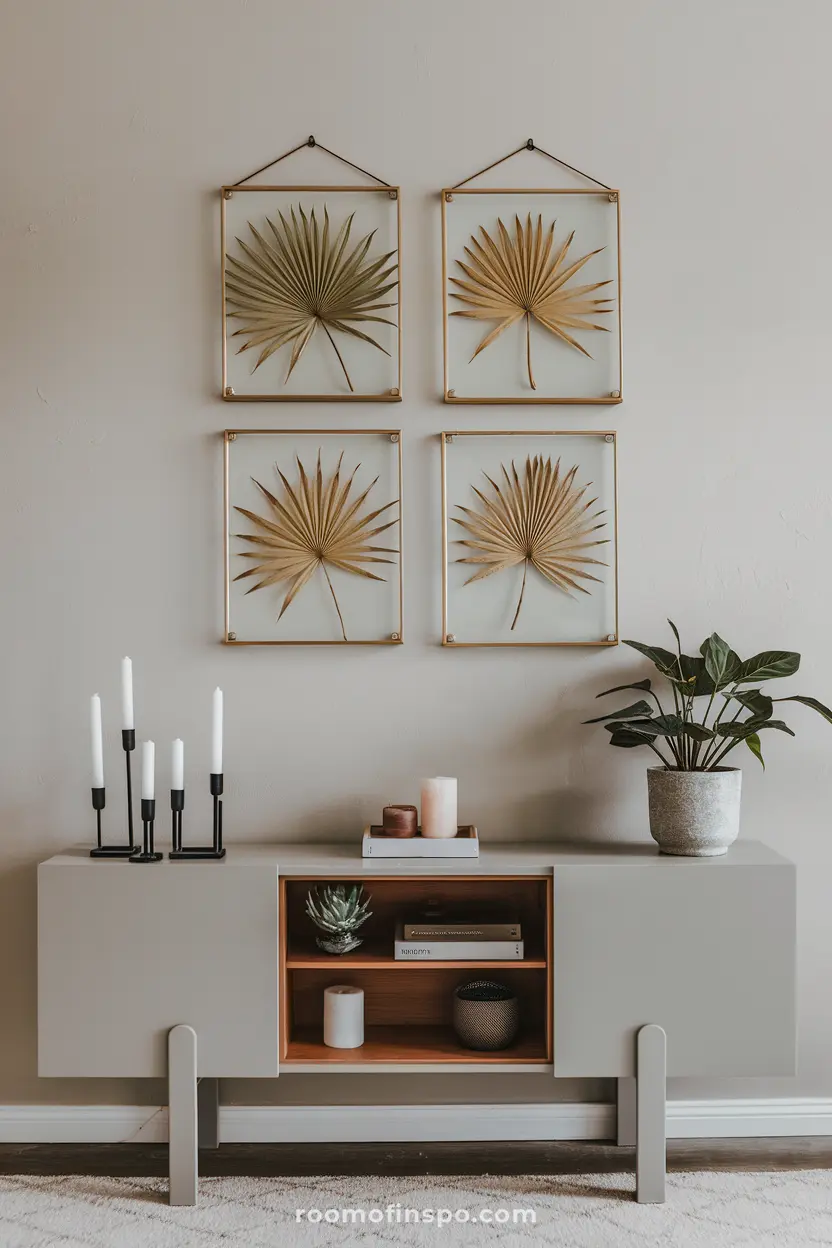 Pressed palm leaves framed in glass, creating a modern wall art display with soft natural decor.