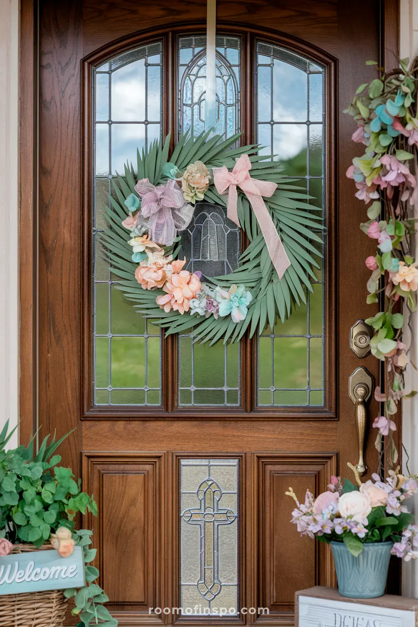 Palm wreath with pastel flowers and ribbons hanging on a door with spring-themed decorations.