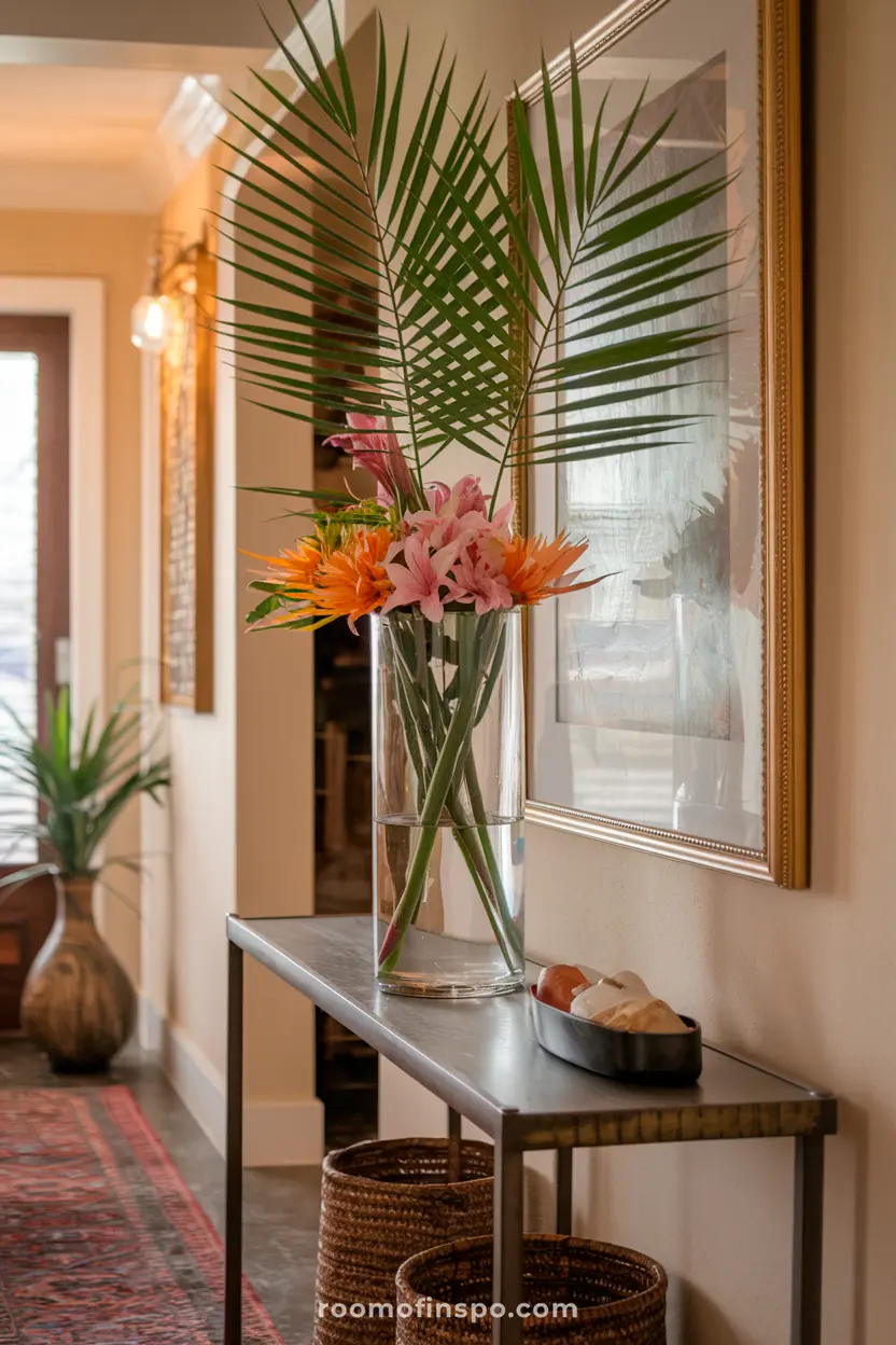 Palm leaf arrangement in a tall vase with a scripture verse framed in an inviting entryway.