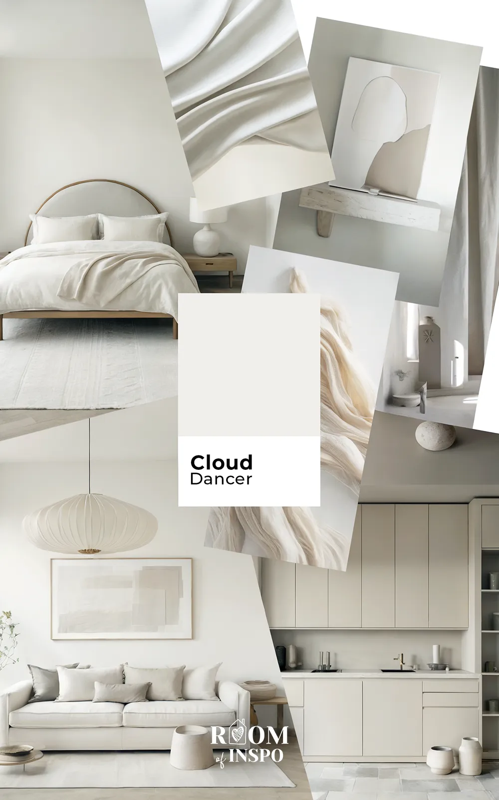 A moodboard showing Pantone's color of the year 2026 "Cloud Dancer" in different interior design scenarios.