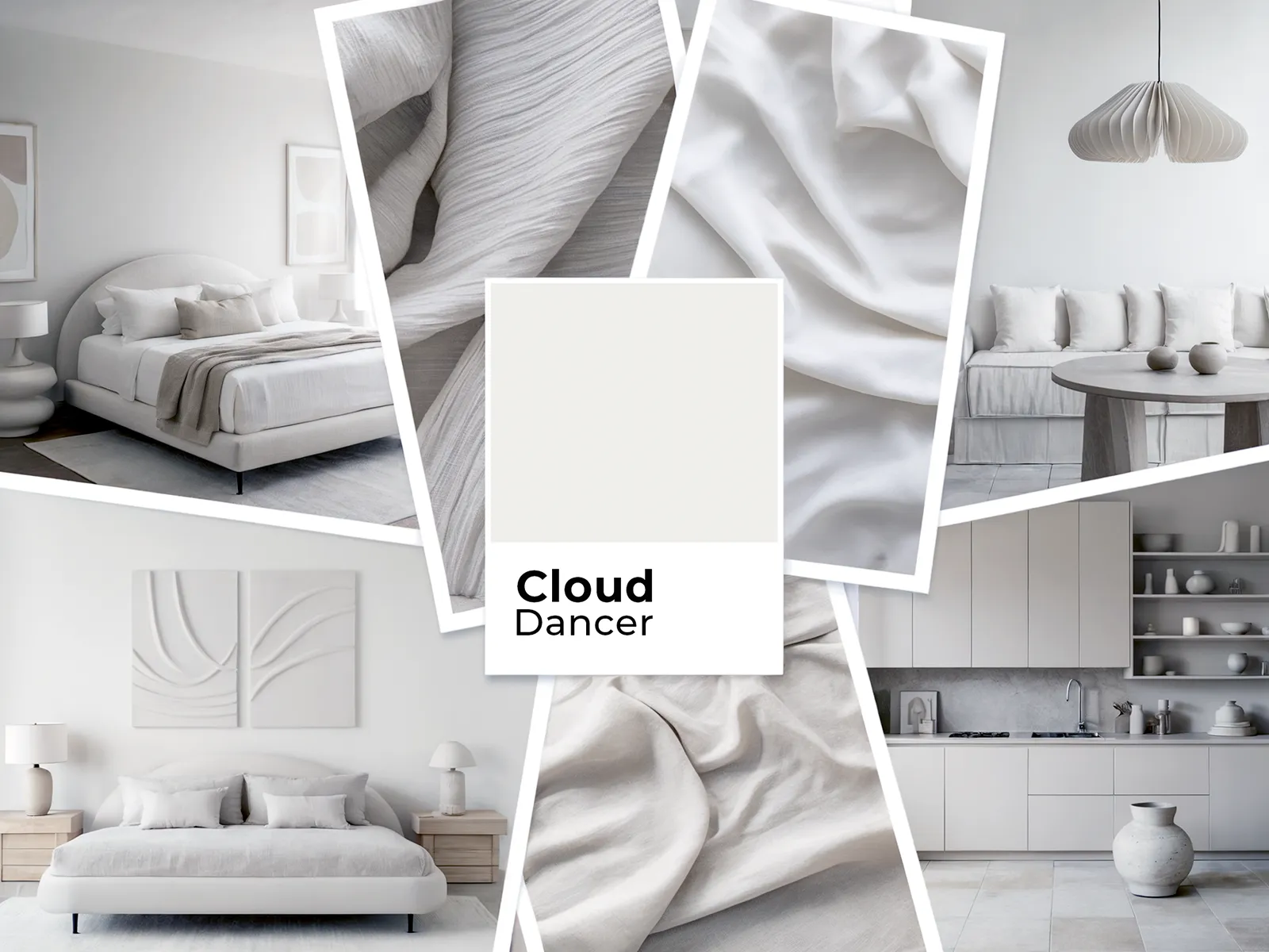 A moodboard showing Pantone's color of the year 2026 "Cloud Dancer" in different interior design scenarios.
