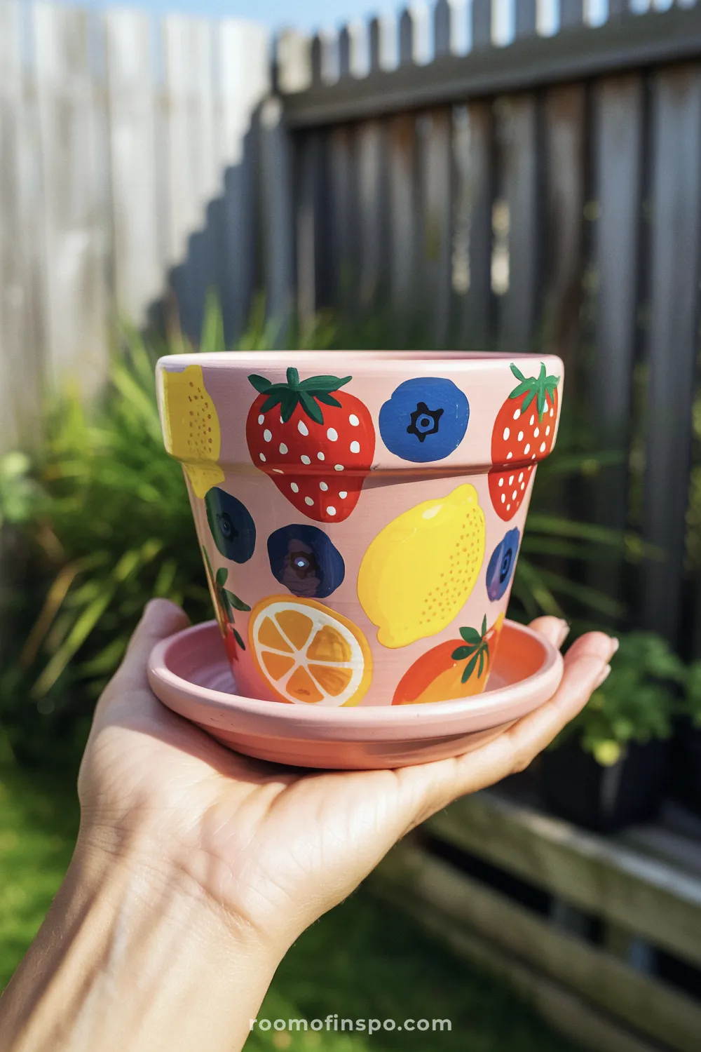 Hand holds a pink terracotta pot painted with colorful fruit illustrations in daylight outdoors.
