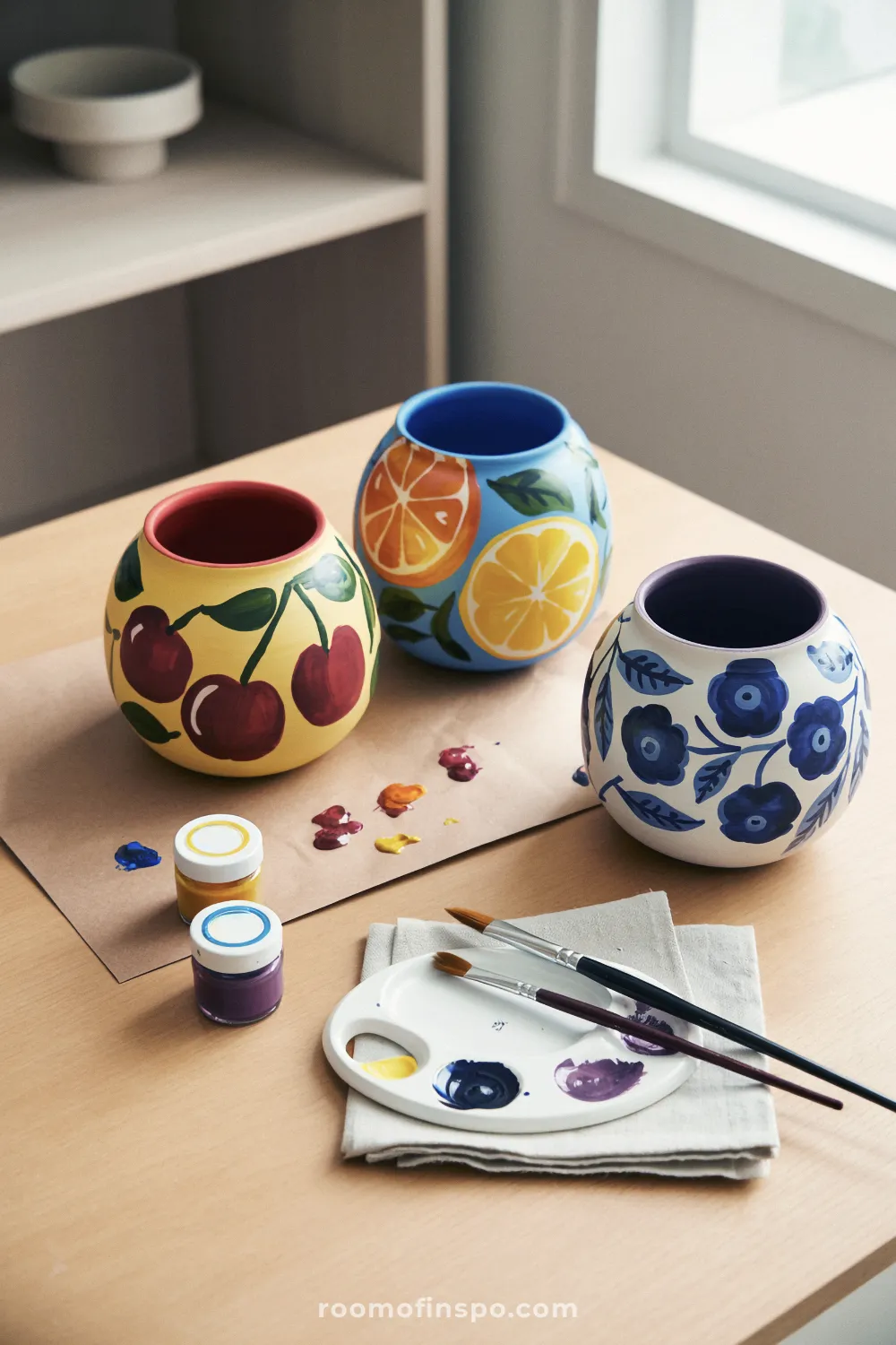 Three fruit-themed painted terracotta pots on kraft paper beside brushes and paint jars on a maple desk.